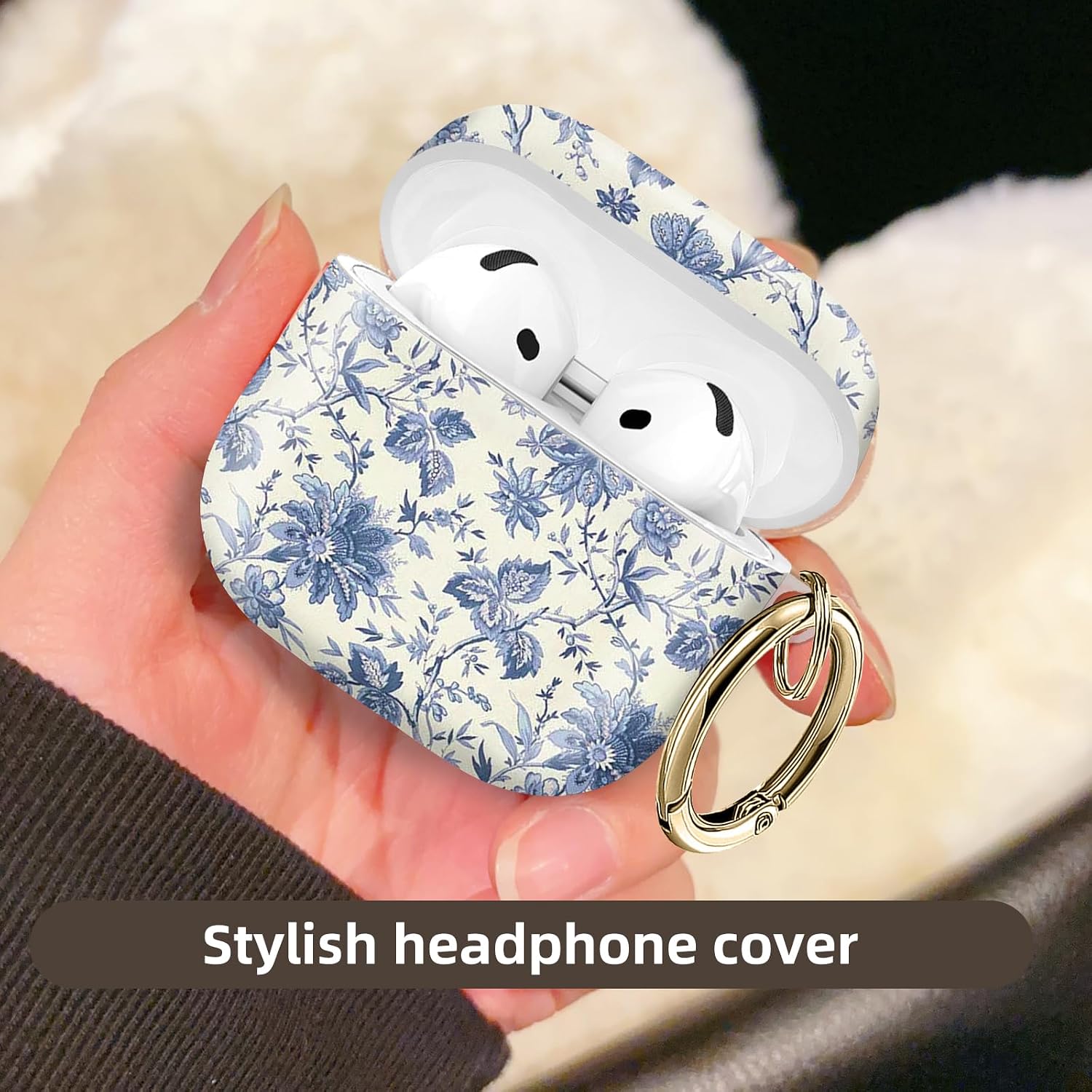 Compatible with AirPod 4 Protective case with Gold Key Ring for 2024 Fourth Generation AirPod. Shockproof, dustproof, Wireless Headphone Protective case.（Delicate Blue Flowers）