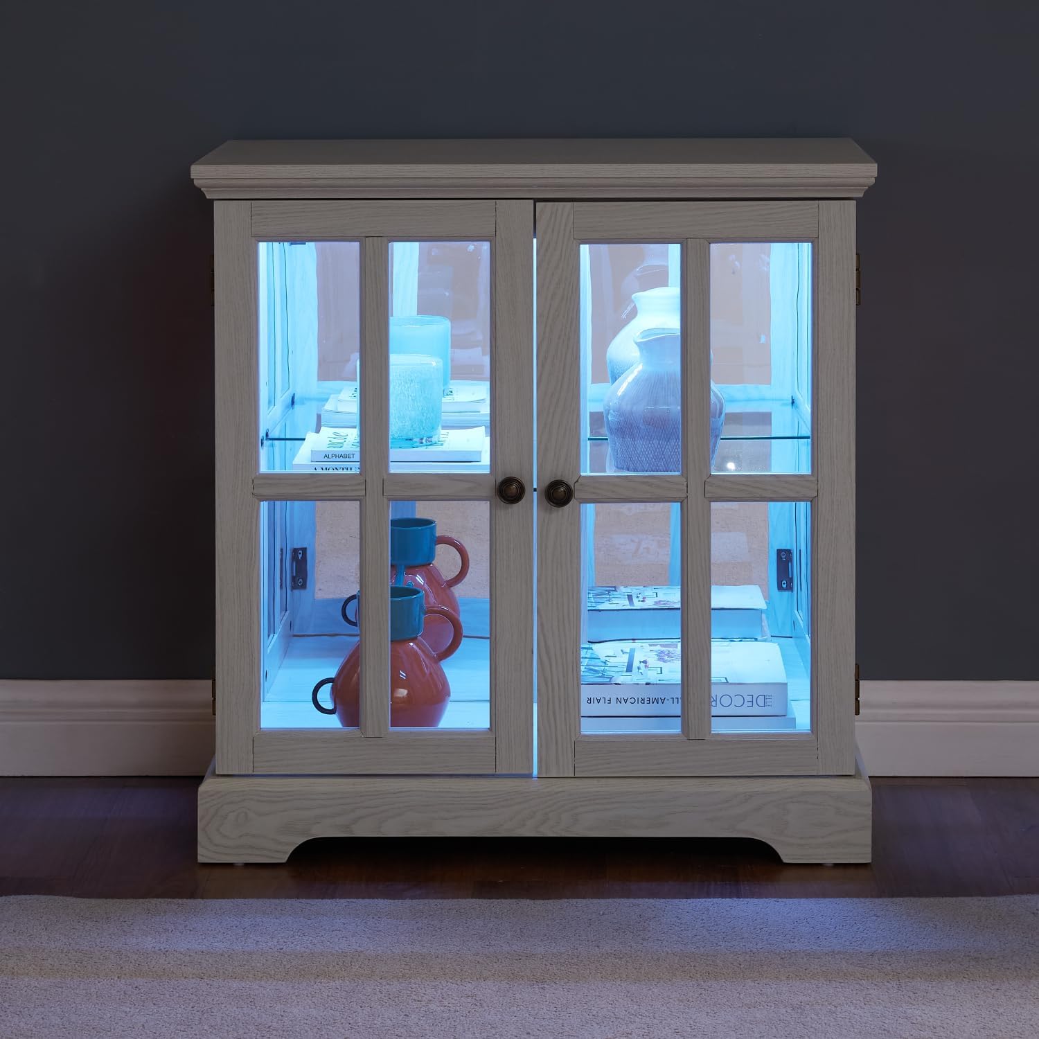 Led Curio Display Cabinet - White MDF+Glass - Adjustable Shelves - Retro Design Elegant Bookcase with Led Lighting - Home Decor