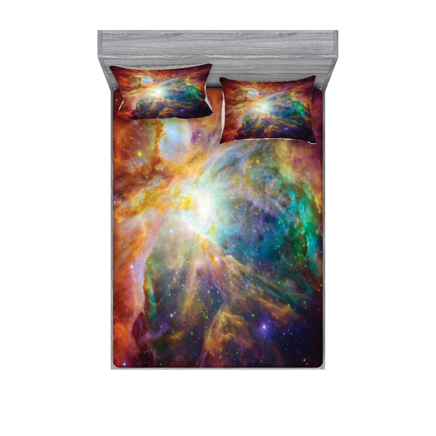 Ambesonne Outer Space Fitted Sheet & Pillow Sham Set, Universe Themed Composition with Stars and Nebula Space Dust Colorful Space, Decorative Printed 3 Piece Bedding Decor Set, Full, Amber Purple