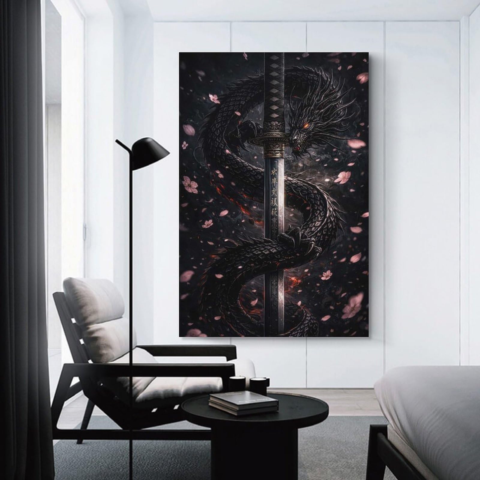 Junmoney Dragon And Katana with Cherry Blossoms Room Decor Wall Art 24x36inch(60x90cm), for Bedroom Walls, Guest Spaces Or Lounges, An Easy Wall Refresh for Bedrooms