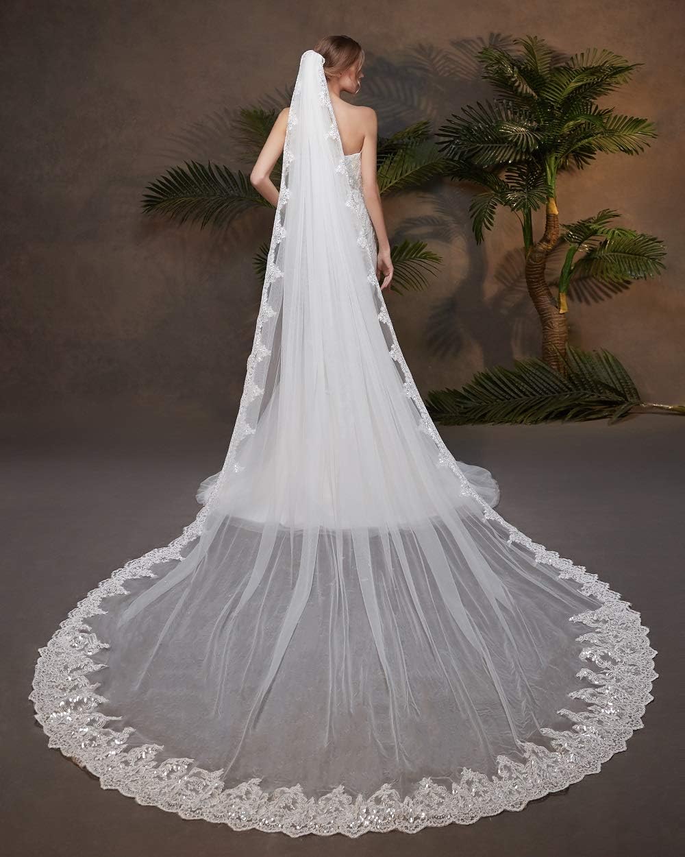 EllieHouse Womens Long Cathedral Sequin Lace Wedding Bridal Veil With Metal Comb L92