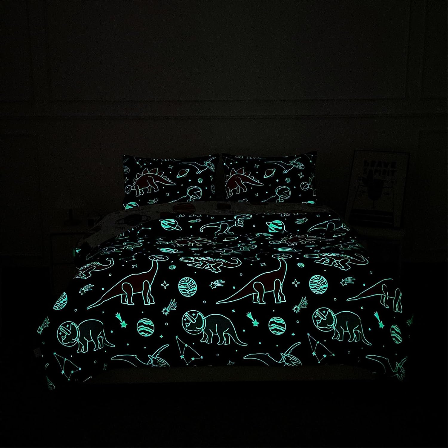 Holawakaka Glow in The Dark Kids Comforter Set, 5-Piece Luminous Queen Size Space Dinosaur Bedding Set with Sheets, Galaxy Planets Stars Dino Print Bed in a Bag for Boys Girls Nursery Dorm