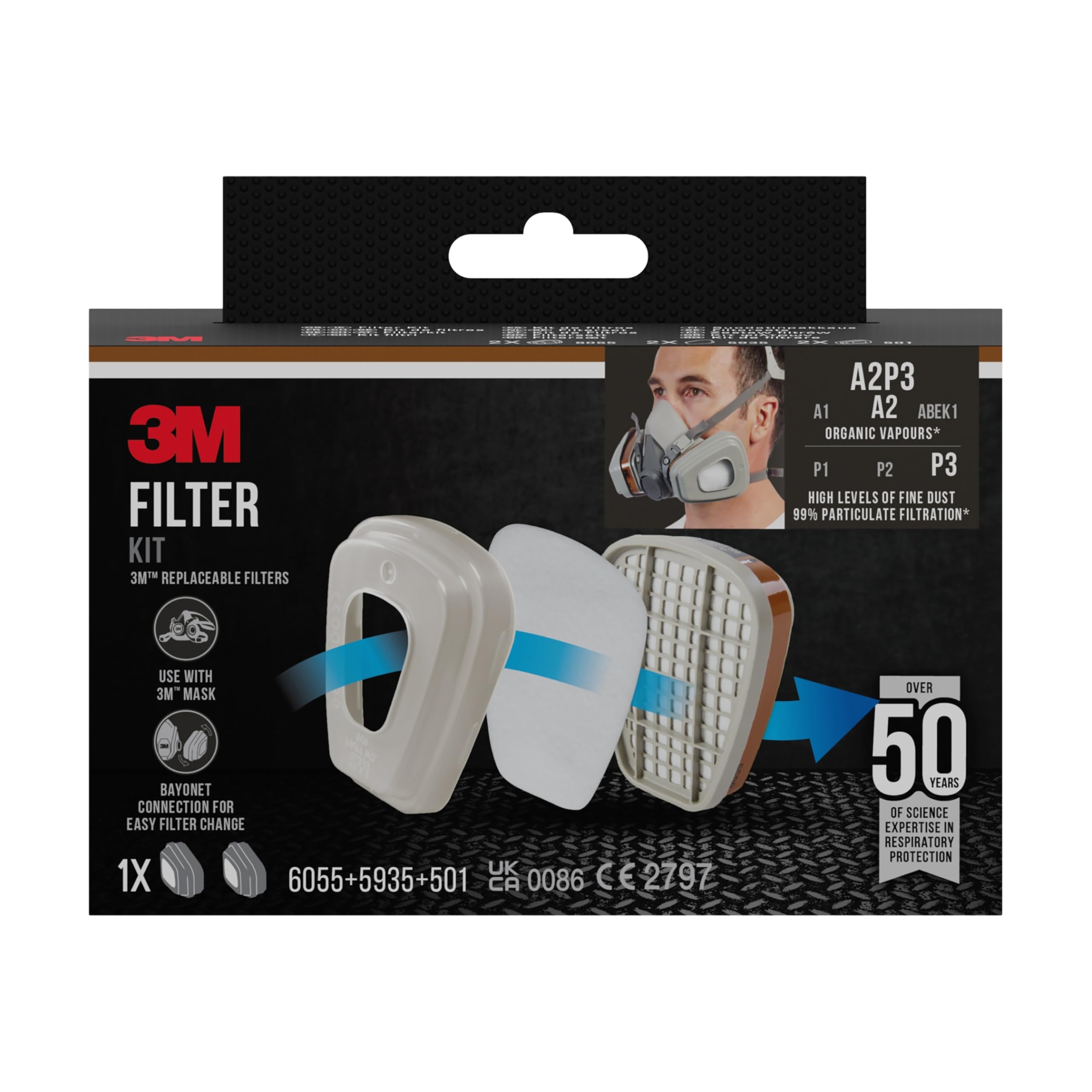 3M Filter kit for 6000-series masks, 6003BC1, A2P3, (2x 6055 A2 + 2 x 5935 P3 + 2x 501 holder), 1/PK, 4PK/CV