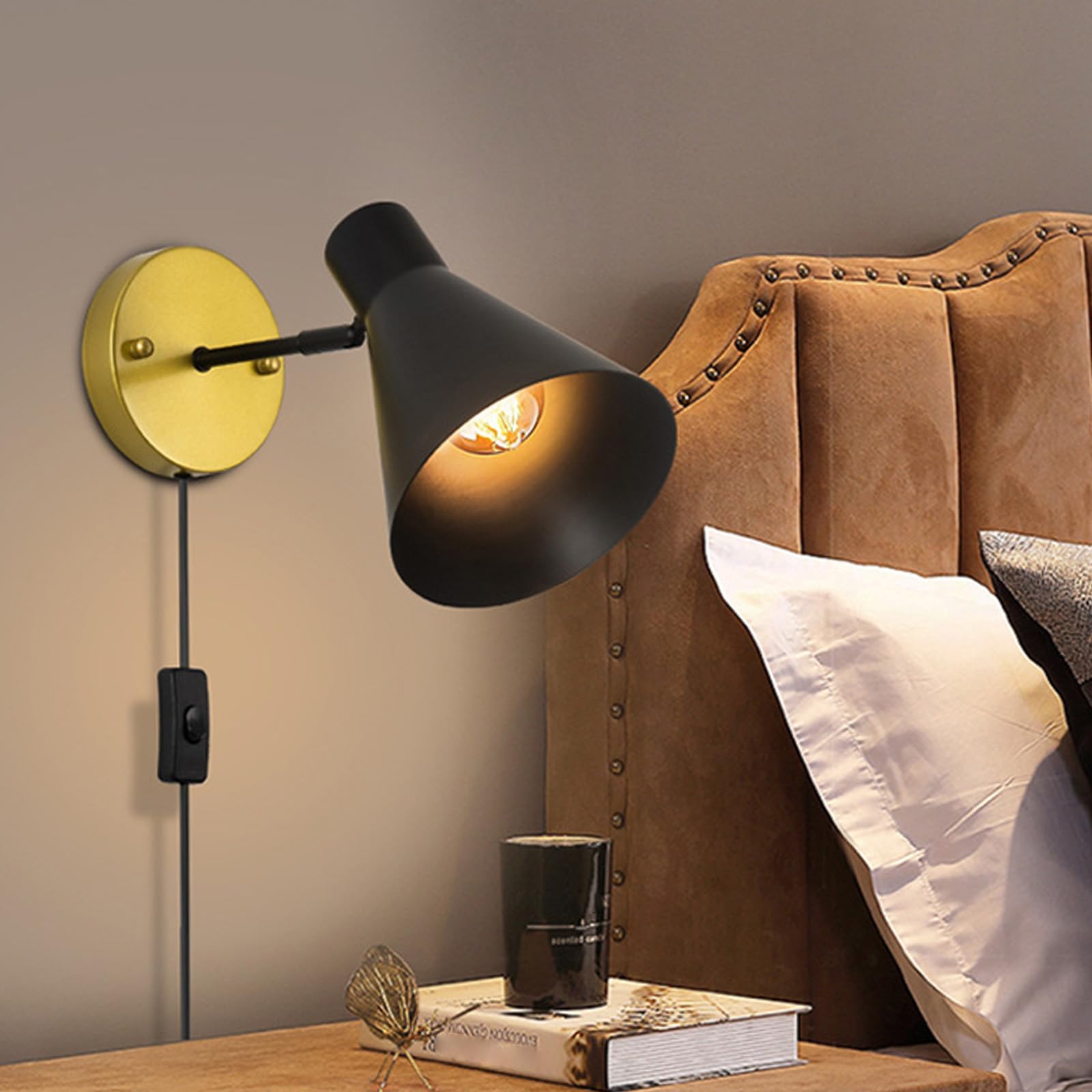 Apliques de pared E27 con cable e interruptor orientable estilo vintage negro y dorado 8