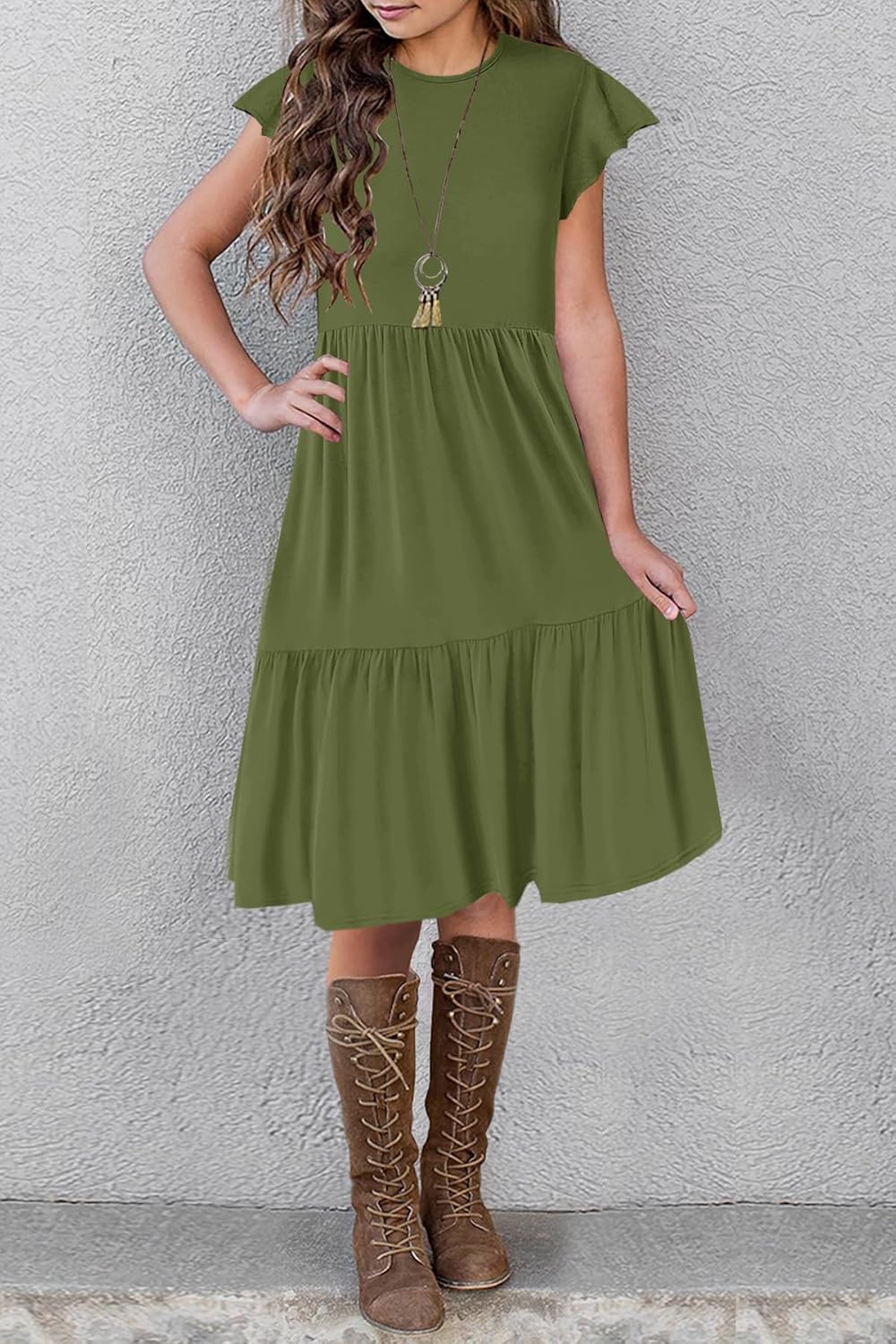 HOSIKA Girls Summer Ruffle Short Sleeve Crew Neck Loose Casual Flowy Tiered Short Dress with Pockets for 6-12 Y - Image 4