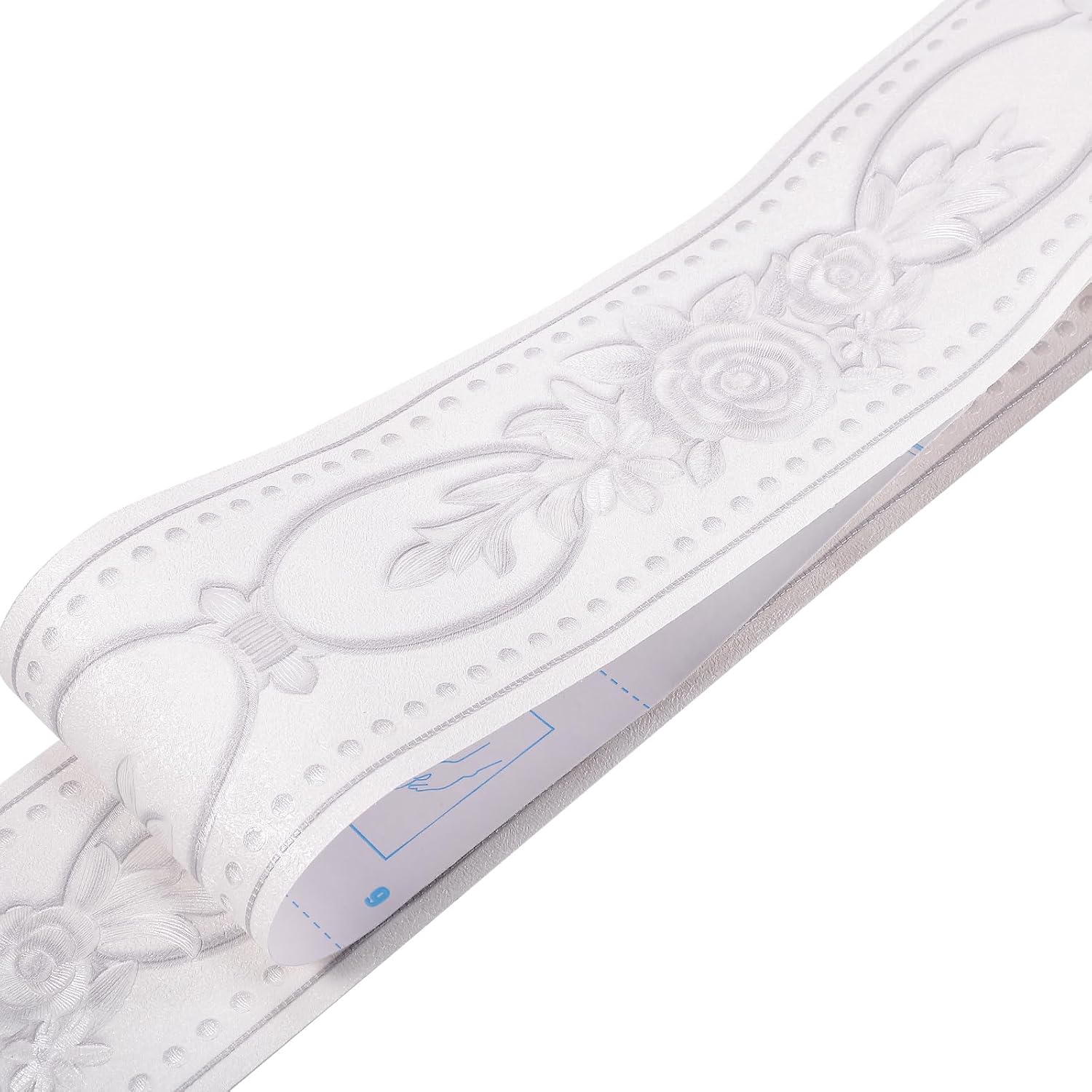TaoBary 4 Rolls Peel and Stick Wallpaper Border 3D Flower Pattern 4 Inch x 16.4 ft Self Adhesive Mirror Frame Sticker DIY Waterproof Wall Decor for Bathroom Kitchen Bathroom(White,Peony)
