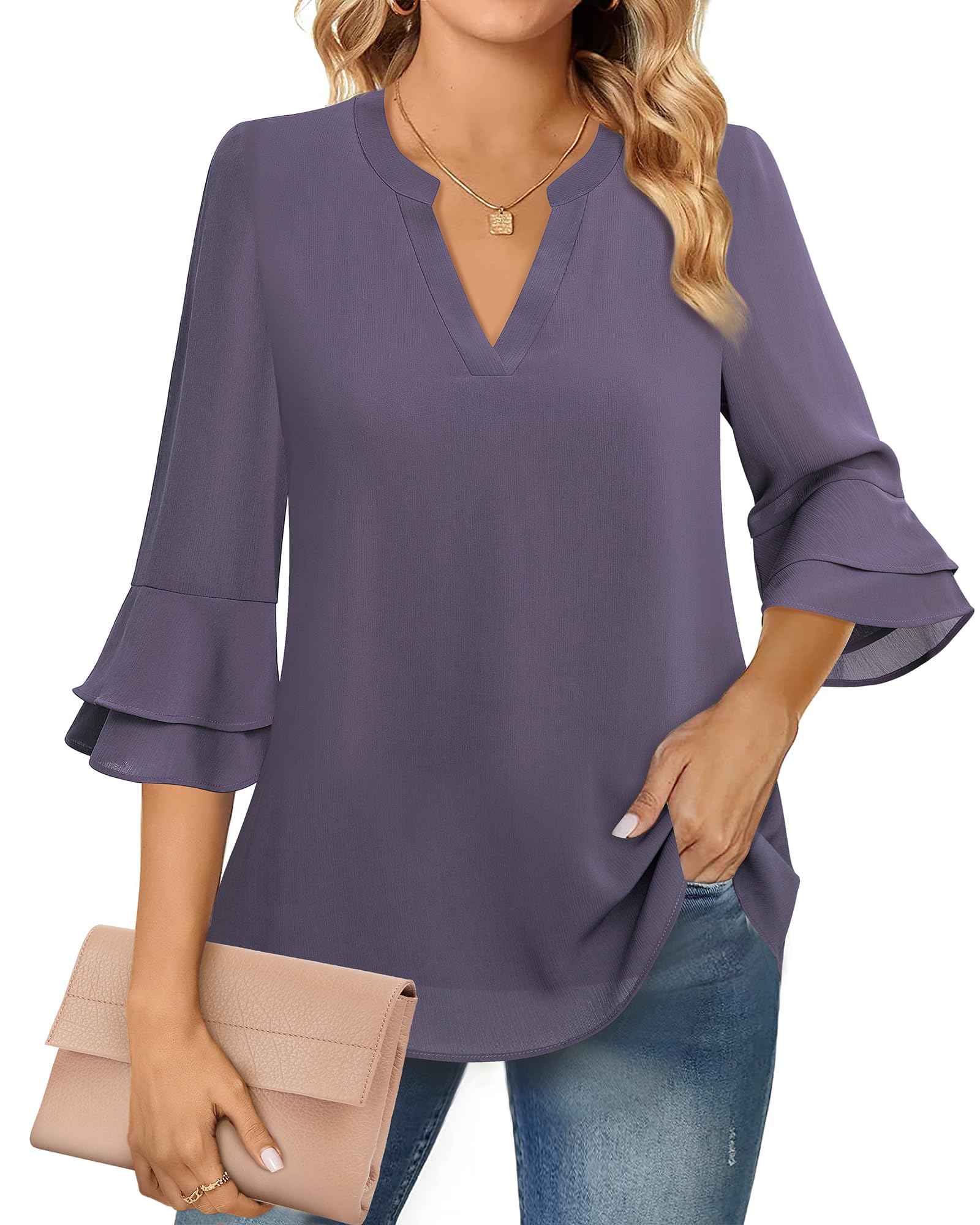 LotusmileWomens Tops Dressy Casual 3/4 Tiered Bell Sleeve Blouses Double Layered Chiffon Work Tunic Shirts