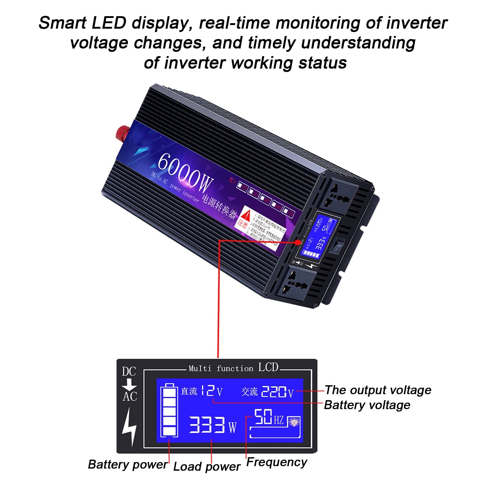 NYANS Inversor Onda Sinusoidal Modificada 1600W 2000W 4000W 5000W 6000W 7000W Potencia Máxima, DC 12V 24V 48V 60V a AC 220V Convertidor Voltaje para Automóvil, con Ventilador Refrigeración,6000W-48V