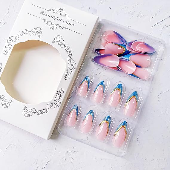 Blue French Tip Press on Nails Medium Almond Cat Eyes Fake Nails with Gold Curve Line Designs Blue False Nails Acrylic Artificial Spring Summer Stick on Nails for Women DIY French Manicure Kit