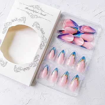 Blue French Tip Press on Nails Medium Almond Cat Eyes Fake Nails with Gold Curve Line Designs Blue False Nails Acrylic Artificial Spring Summer Stick on Nails for Women DIY French Manicure Kit