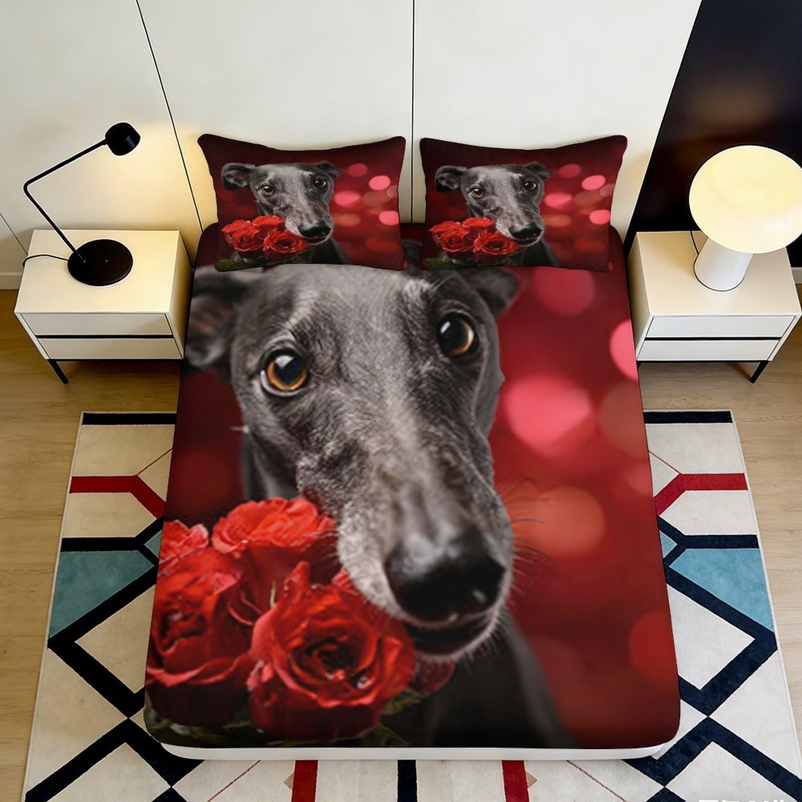 3D Printed Greyhound Dog Fitted Sheet Microfiber Red Rose Bed Cover Non-slip Bedroom Decor Mattress Protector 160x200x25cm