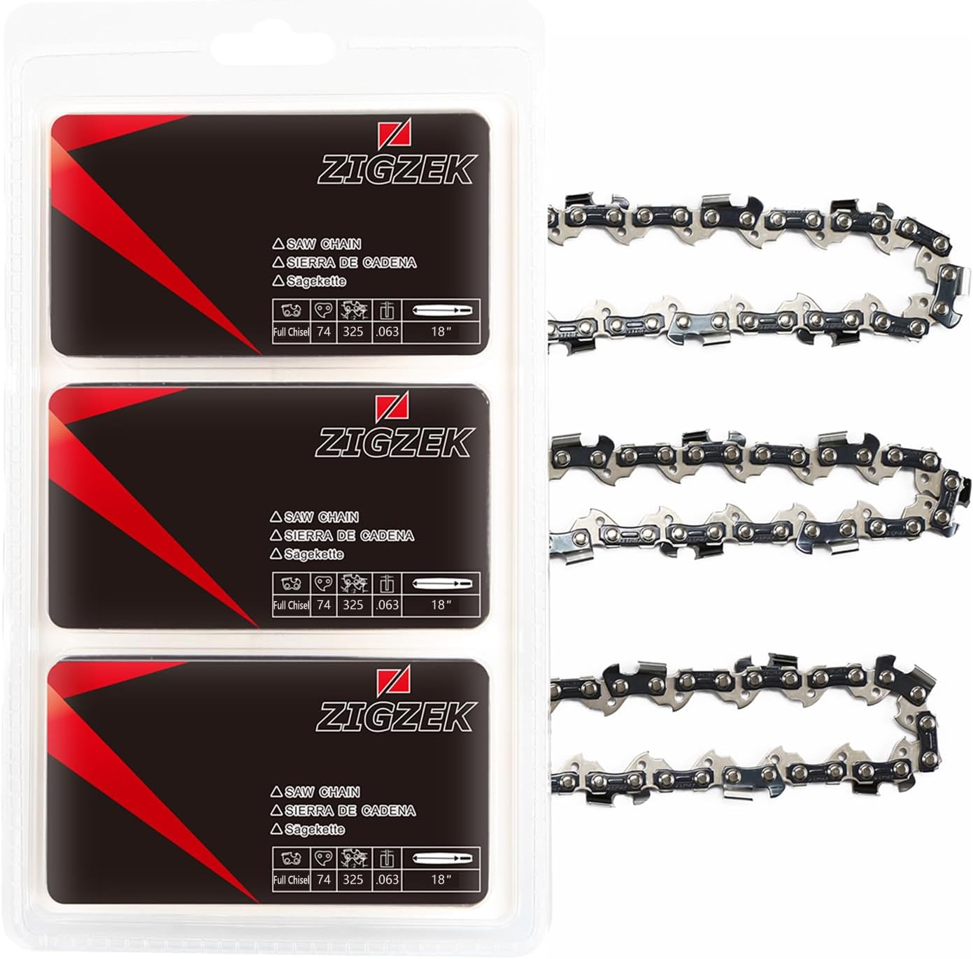 ZIGZEK 3Pack 18 Inch Chainsaw Chain 74 Drive Links, 325
