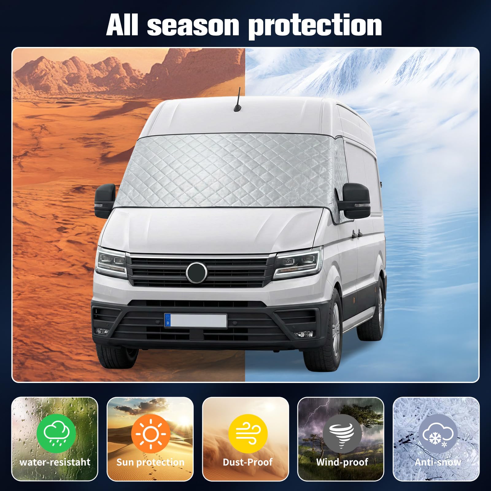 Housse de pare-brise pour VW Crafter 2018-2025 - Couverture de pare-brise premium en coton 2 couches avec support magnétique pour une protection toute l'année, réflexion UV et contre le soleil, la