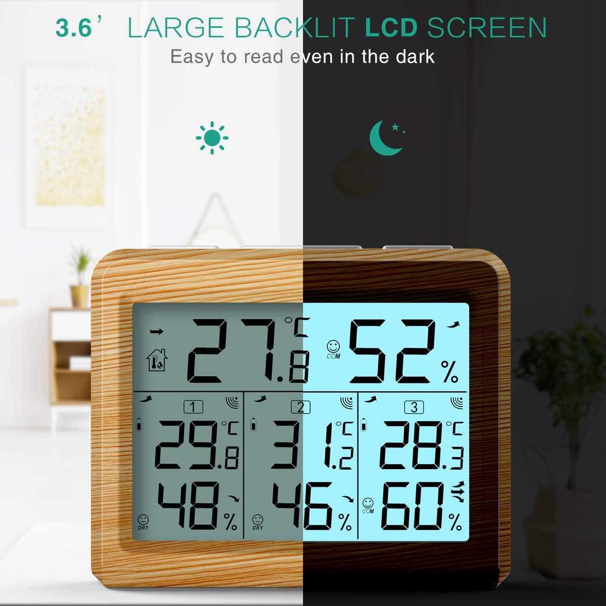 ORIA thermometer display showing backlight activated in a dark room and off in a bright room.