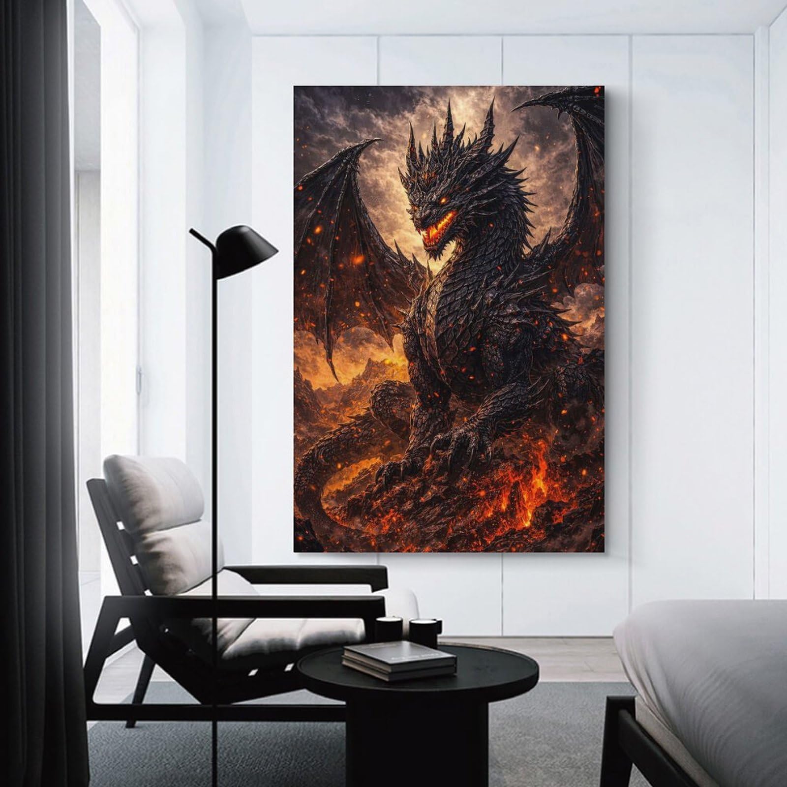 Junmoney Black Dragon in Fiery Landscape Room Decor Wall Art, 24x36inch(60x90cm), for Office, Study Or Home Workspace, Decorative Artwork for Productive Spaces