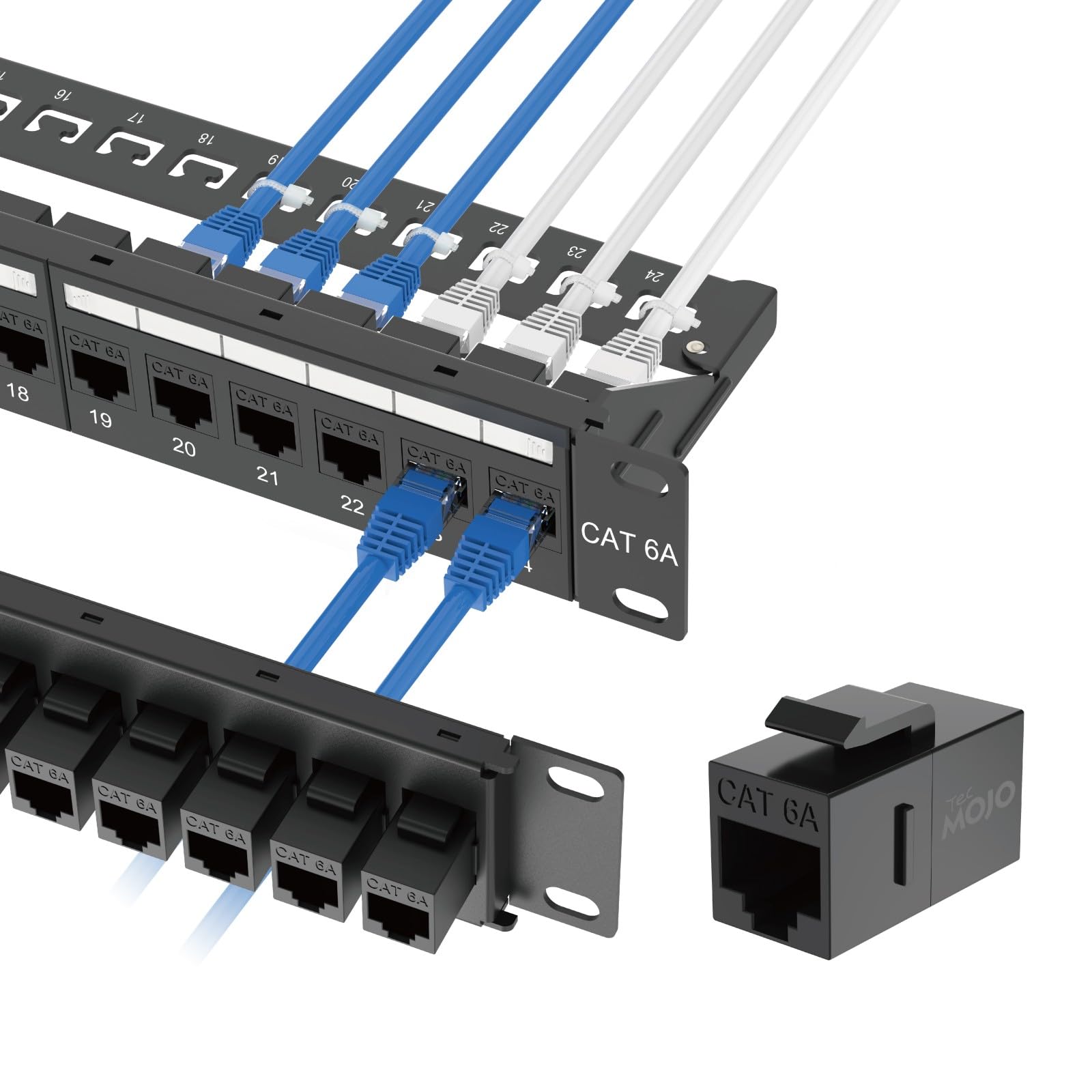 Tecmojo Cat6A 19'' Network Patch Panel for Network Switch, 19inch Server Racks and Network Cabinets, 10G Support, Rack Mount, With Cable Management (Cat6A Coupler Patch Panel)