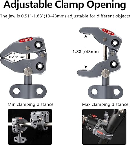 Miniatura 3 de VILTROX Super Clamp ES-V02 Soporte de abrazadera de cangrejo con orificios roscados de 14 de pulgada y 38 pulgadas, montaje de abrazadera en forma