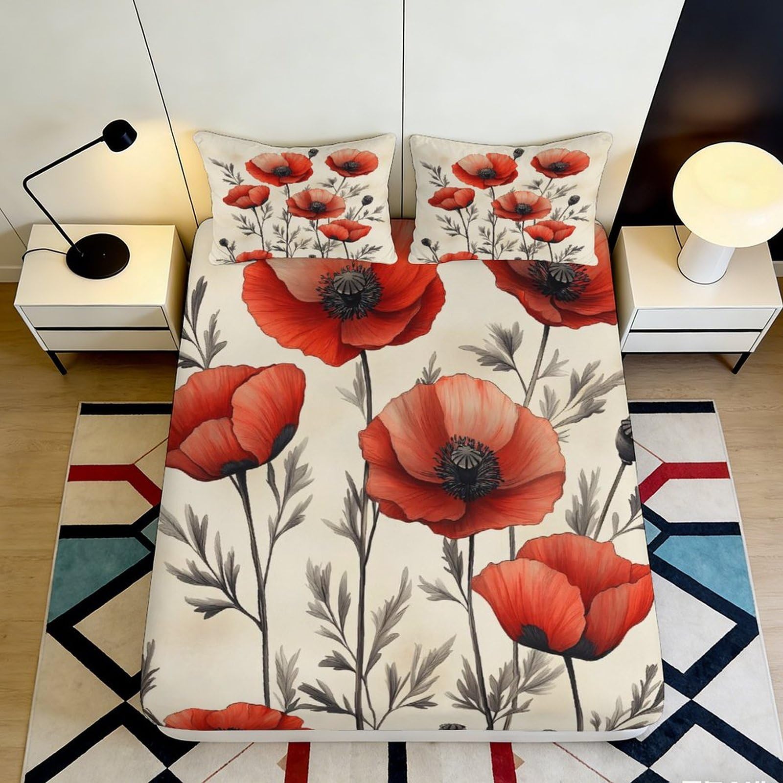 3D Printed Red Poppy Flower Fitted Sheet Microfiber Soft Breathable Botanical Bed Cover for Bedroom Guestroom Decor 90x200x25cm