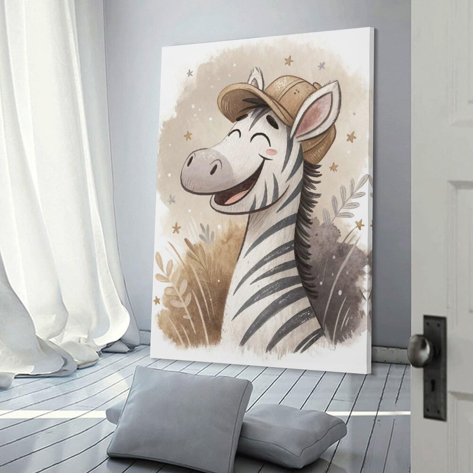 Junmoney Happy Zebra Wearing A Hat Hanging Wall Art, 24x36inch(60x90cm), for Bedroom, Guest Room Or Reading Nook, Home Artwork with A Soft Interior Feel