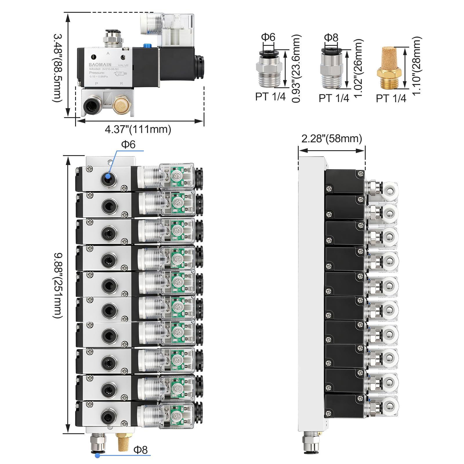 Baomain Válvula solenoide neumática de 10 espacios 3V210-08 AC 110V PT1/4 2 posiciones 3 vías colector con silenciador de base, juego de accesorios rápidos