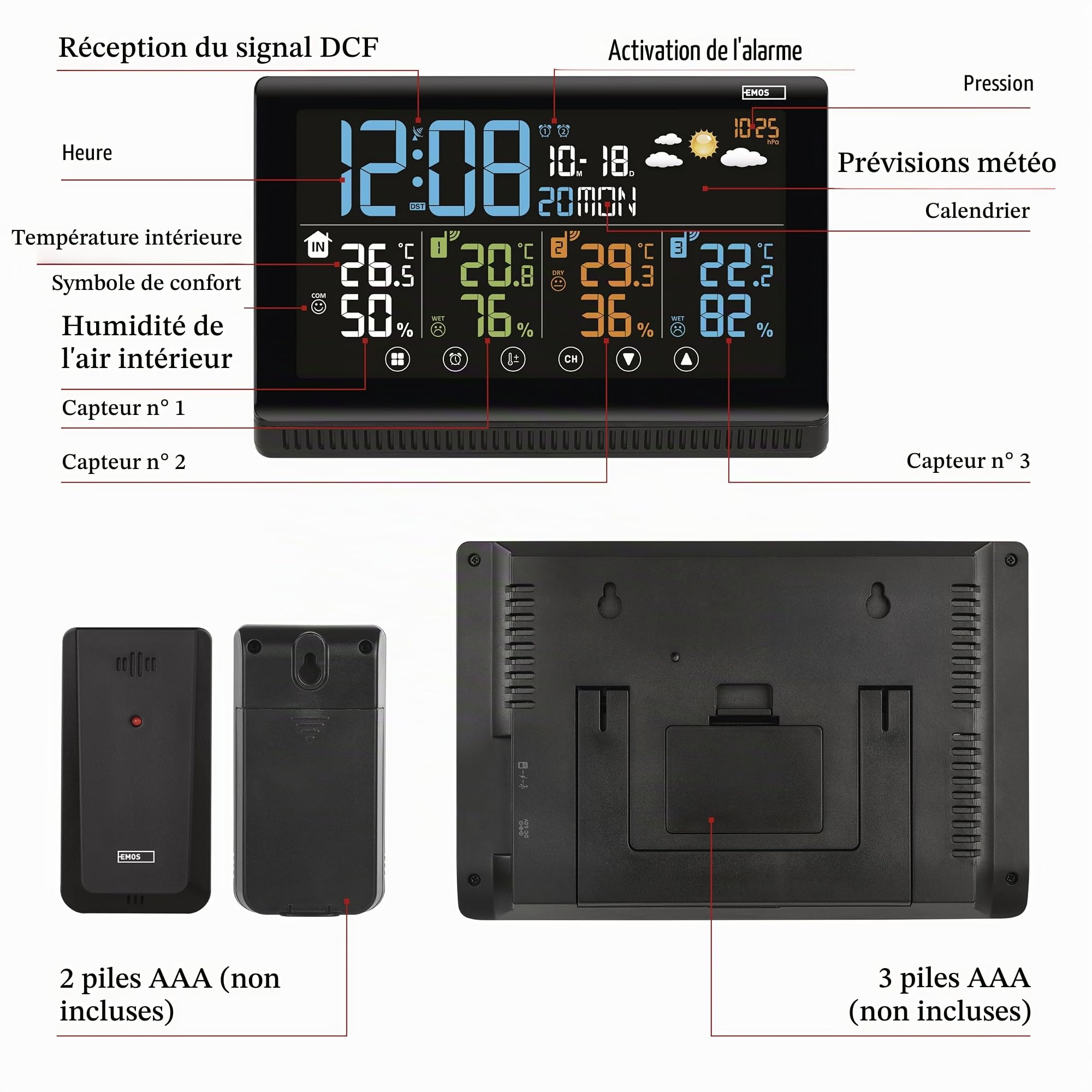 EMOS - Station météo sans fil avec 3 capteurs extérieurs et port USB - Thermomètre, hygromètre, baromètre, prévision, mémoire - Horloge radio-pilotée avec réveil, calendrier, affichage de confort