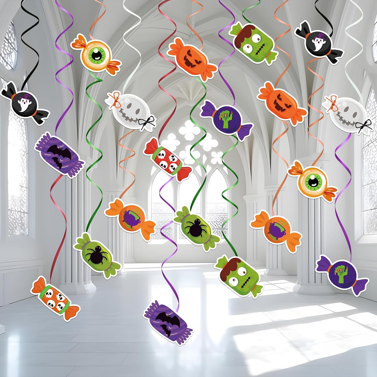 Halloween Candy Hanging Swirl Decorations Spider Pumpkin Bat Ghost Skull Classroom Indoor Decor for Holiday Party Favors Supplies 26 Pcs