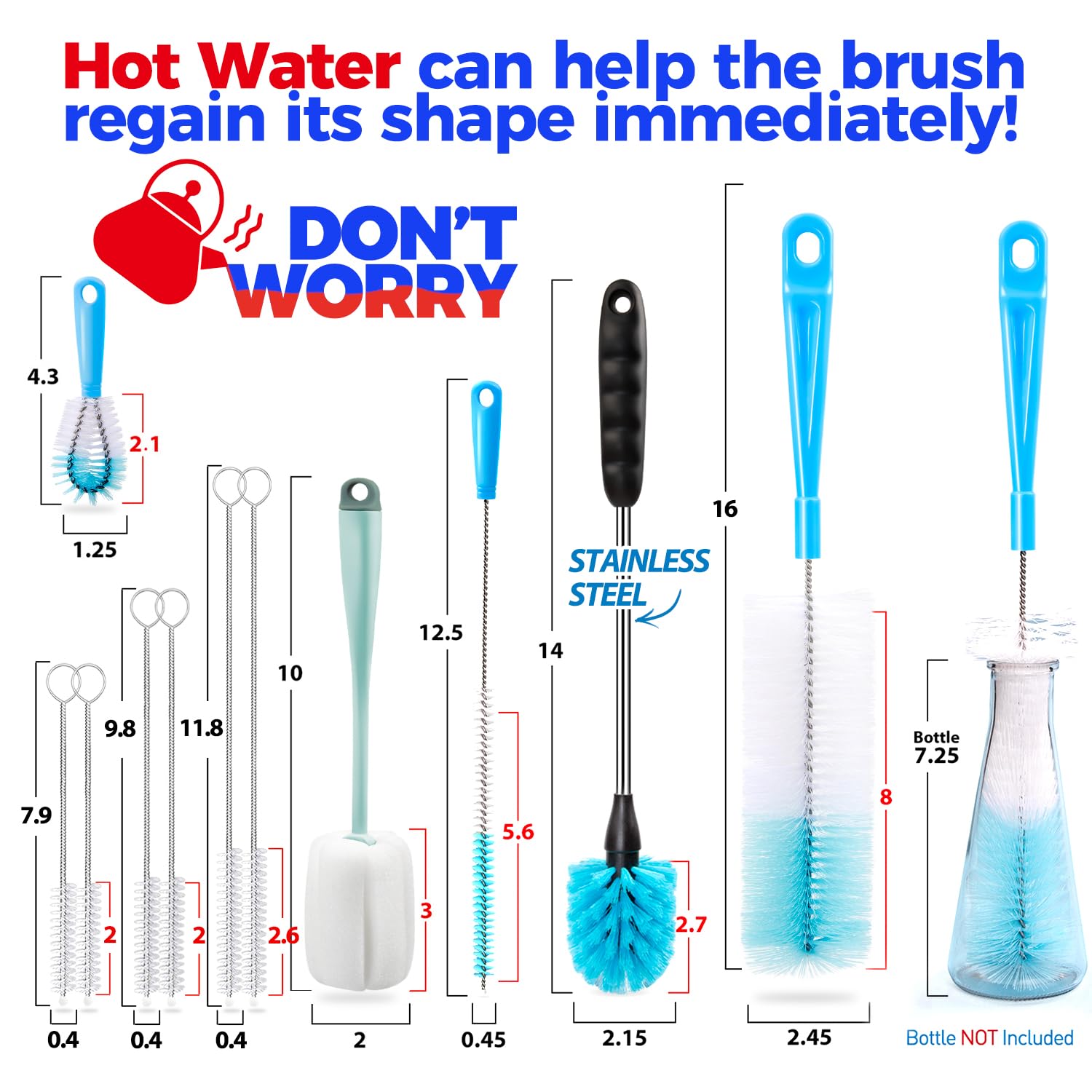 Holikme Bottle Brush Tube Cleaning Lab Set with Long Handle, Cup Cleaner for Washing Narrow Neck Beer Wine Decanter Pipes Lids Sinks Cap Covers,: Green
