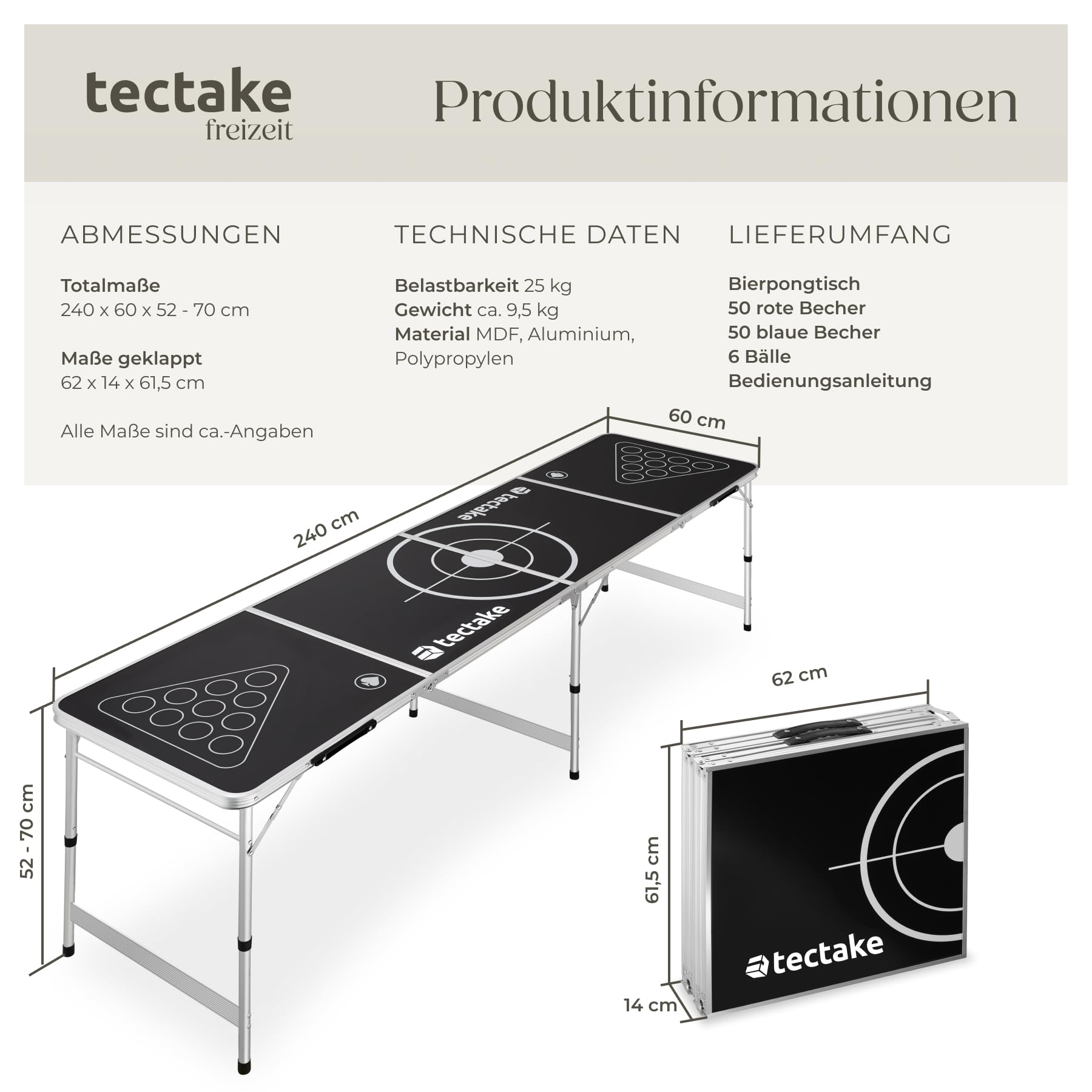 tectake® Bierpong Tisch, Beer Pong Tisch, inkl. 100 Becher (50 rot & 50 blau) und 6 Bälle, höhenverstellbar, Tisch klappbar mit Tragegriffen, Partyspiele für Erwachsene, Trinkspiel, Beer Pong