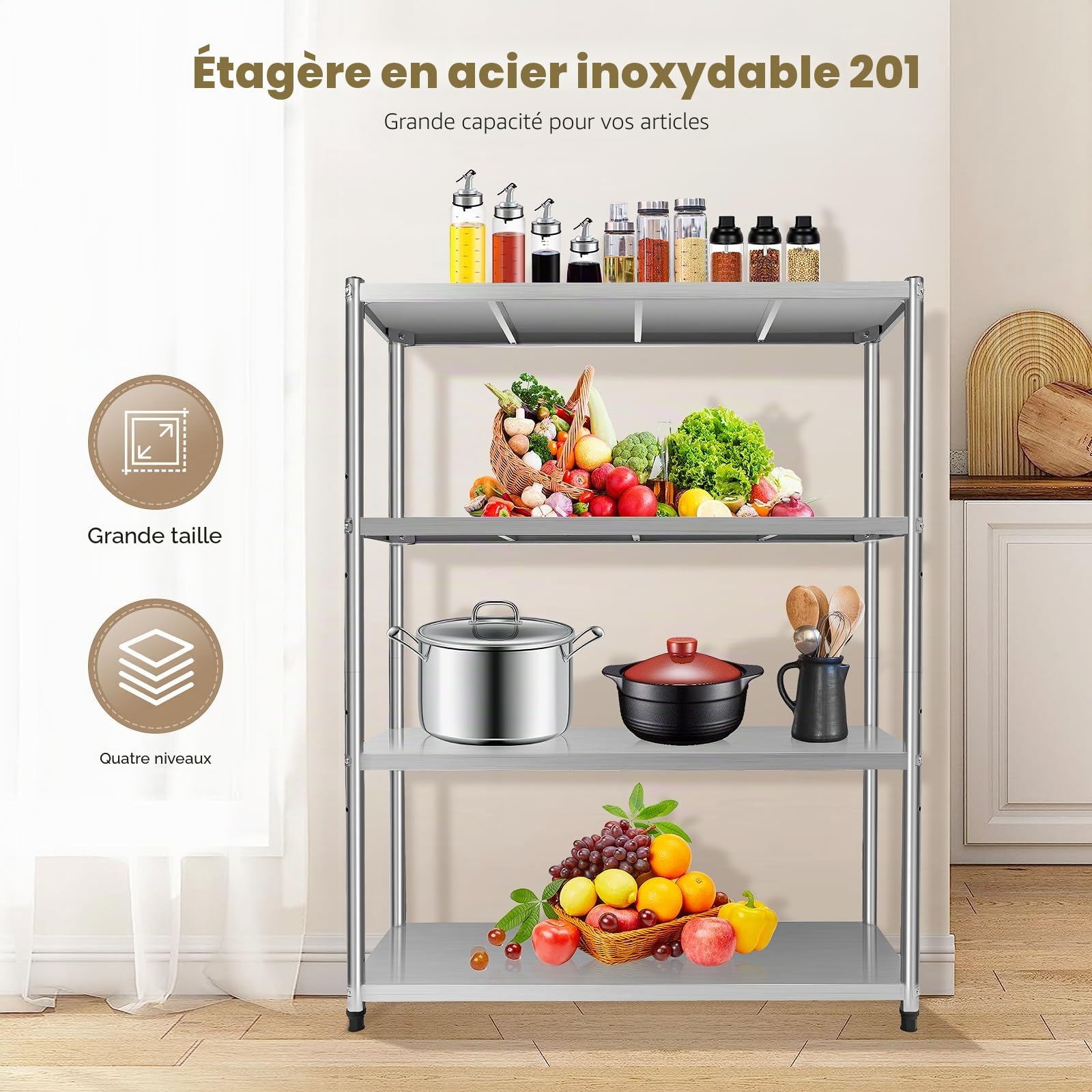 Table de travail en acier inoxydable à 4 étages - Étagère en acier inoxydable - Table de cuisine - Étagère de restauration pour garde-manger, restaurants, cuisines, grandes cuisines
