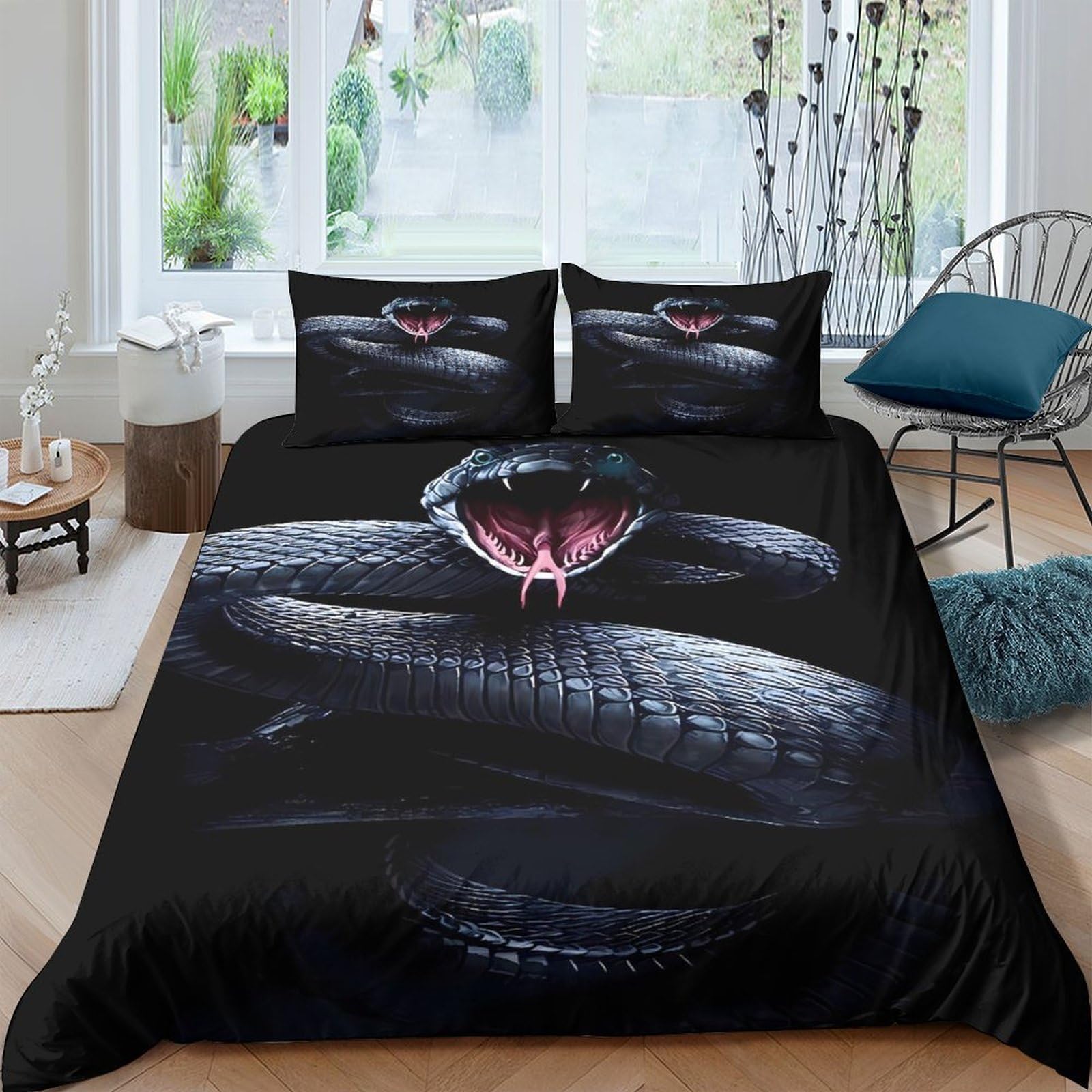 GPLZQXKJNH 3D Printed Black Snake Duvet Cover Microfiber Soft Breathable Venom Serpent Quilt Cover Bedding Set with 2 Pillowcases for Bedroom Decor Single（135x200cm）