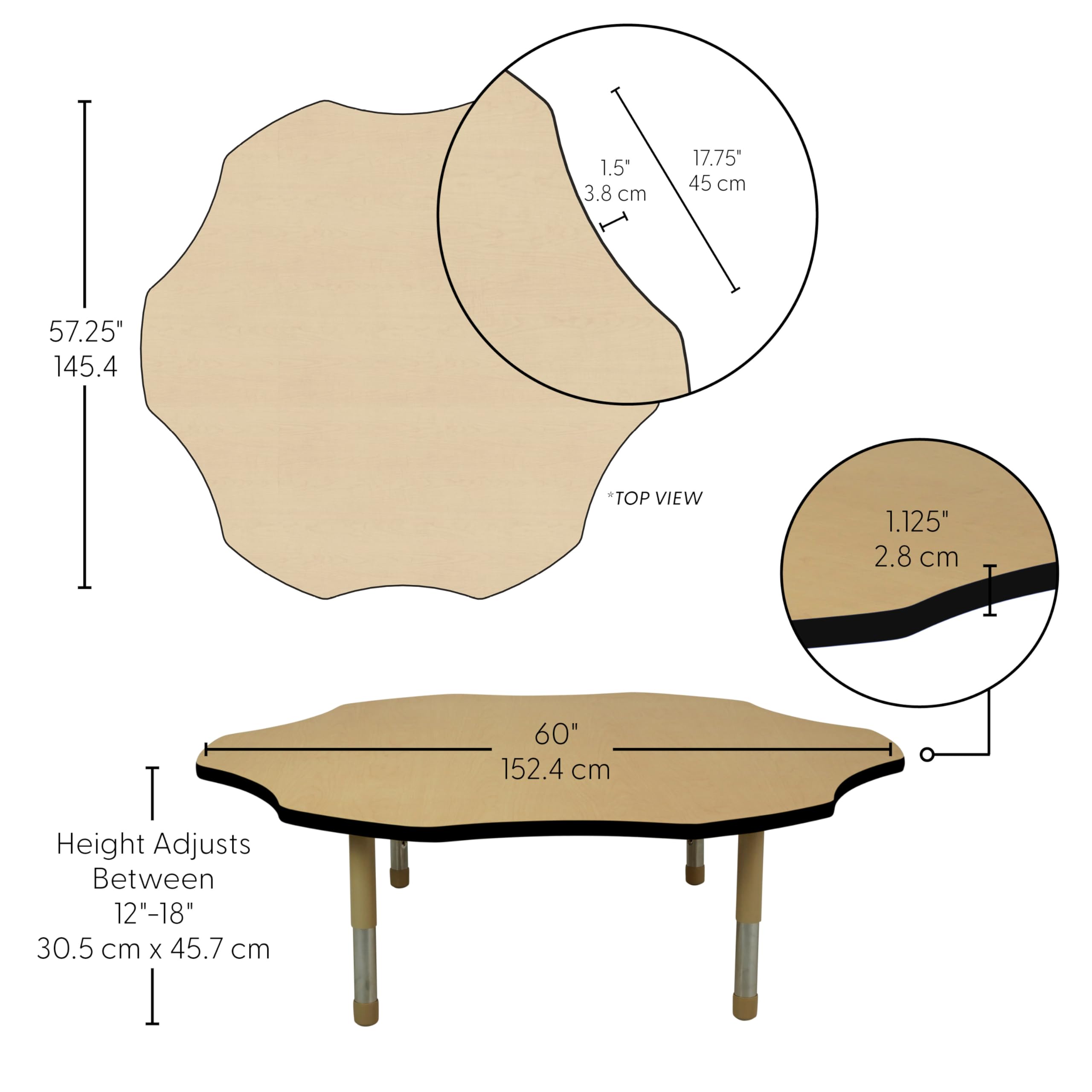 Factory Direct Partners FDP Flower Toddler Activity School Toddler Table (60 inch), Neutral Sand Tiny Tot Legs, Adjustable Height 12-18 inches - Maple Top and Black Edge