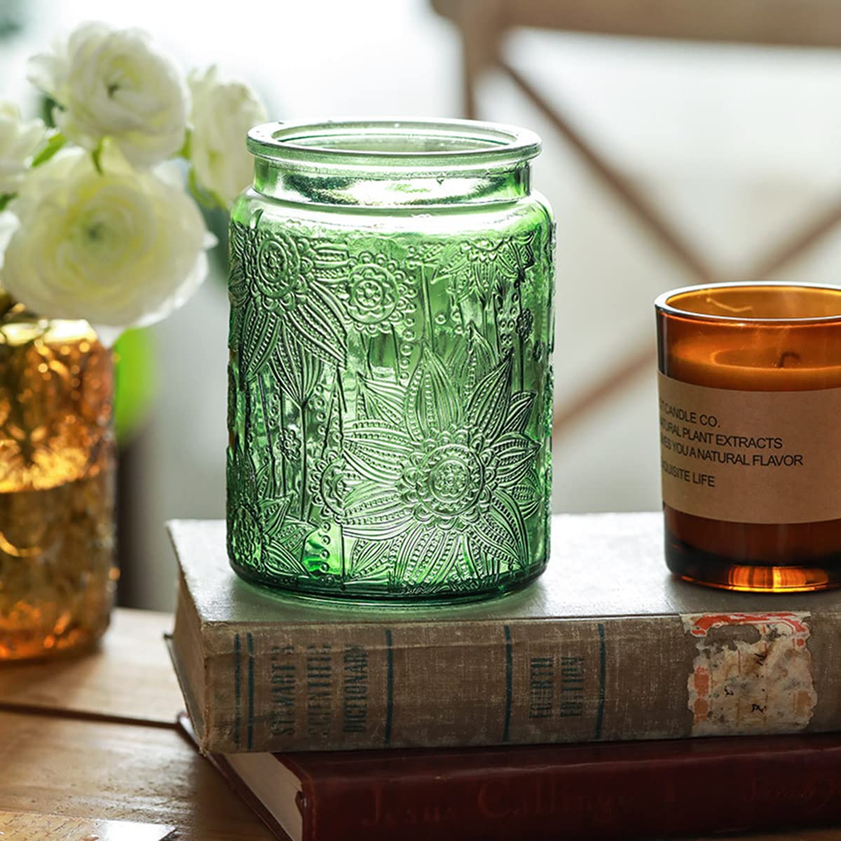 ANSQU Vintage geprägte Glasgläser, Sonnenblumen-Glas-Vorratsdosen 4 Stück mit luftdichten Massivholzdeckeln (672 ml) für Küche, Speisekammer, Nudeln, Mehl, Getreide, Reis, Tee, Kaffeebohnen usw. | Glas-Kaffeedosen, luftdichte Vorratsdosen, Küche, Speiseka
