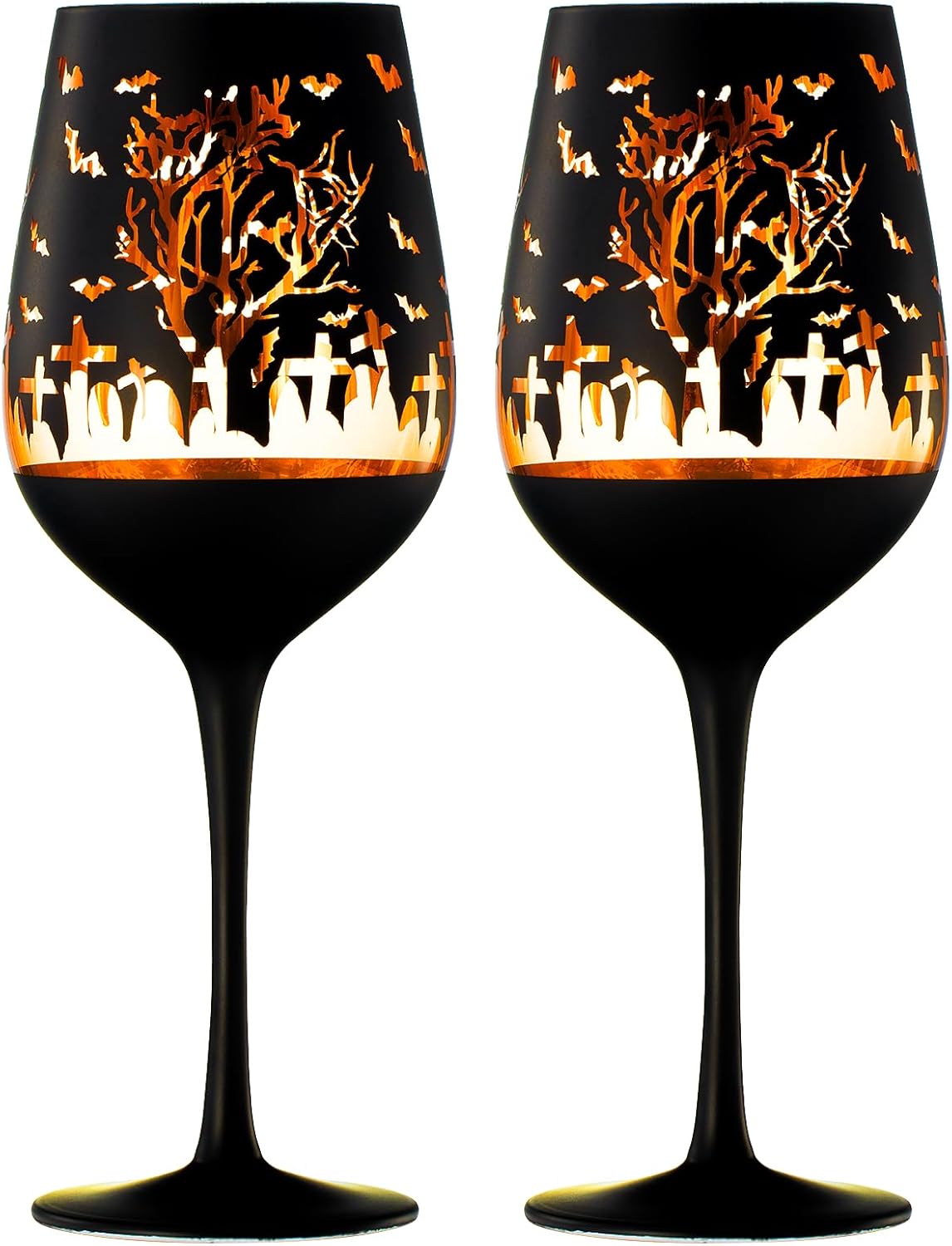 Crystal Stemmed Spooky Wine Glasses 2 Set Frosted Black and Gold Ghost Pattern Drinking Cups, Gothic Parties Graveyard Table Décor Fall Seasonal Entertaining and Unique Holiday Gifts 16oz