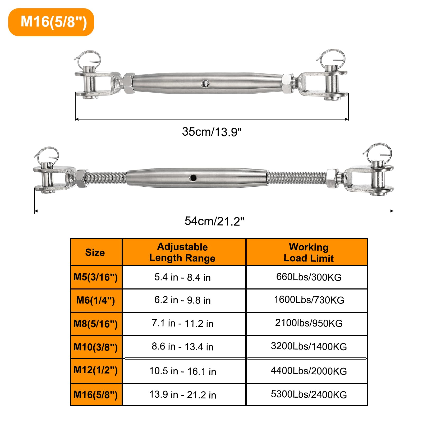 QUARKZMAN 4Pcs M16(5/8") Corpo Chiuso Giunto e Giunto Tirafili per Tensione Cavo, Tirafili in Acciaio Inossidabile Regolabile, Limite di Carico Lavorativo 5300Lbs