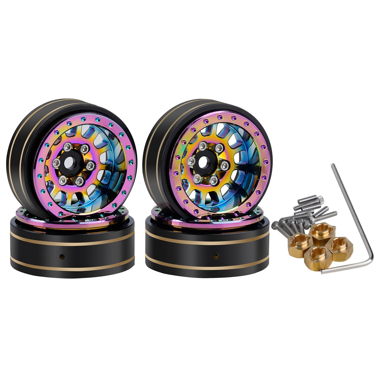 DJX 4PCS CNC 1.0 Plus Brass Outering & Rainbow Color Aluminum Deep Dish Wheel for TRX4M SCX24 FCX24 1/24 1/18 RC Crawler Car