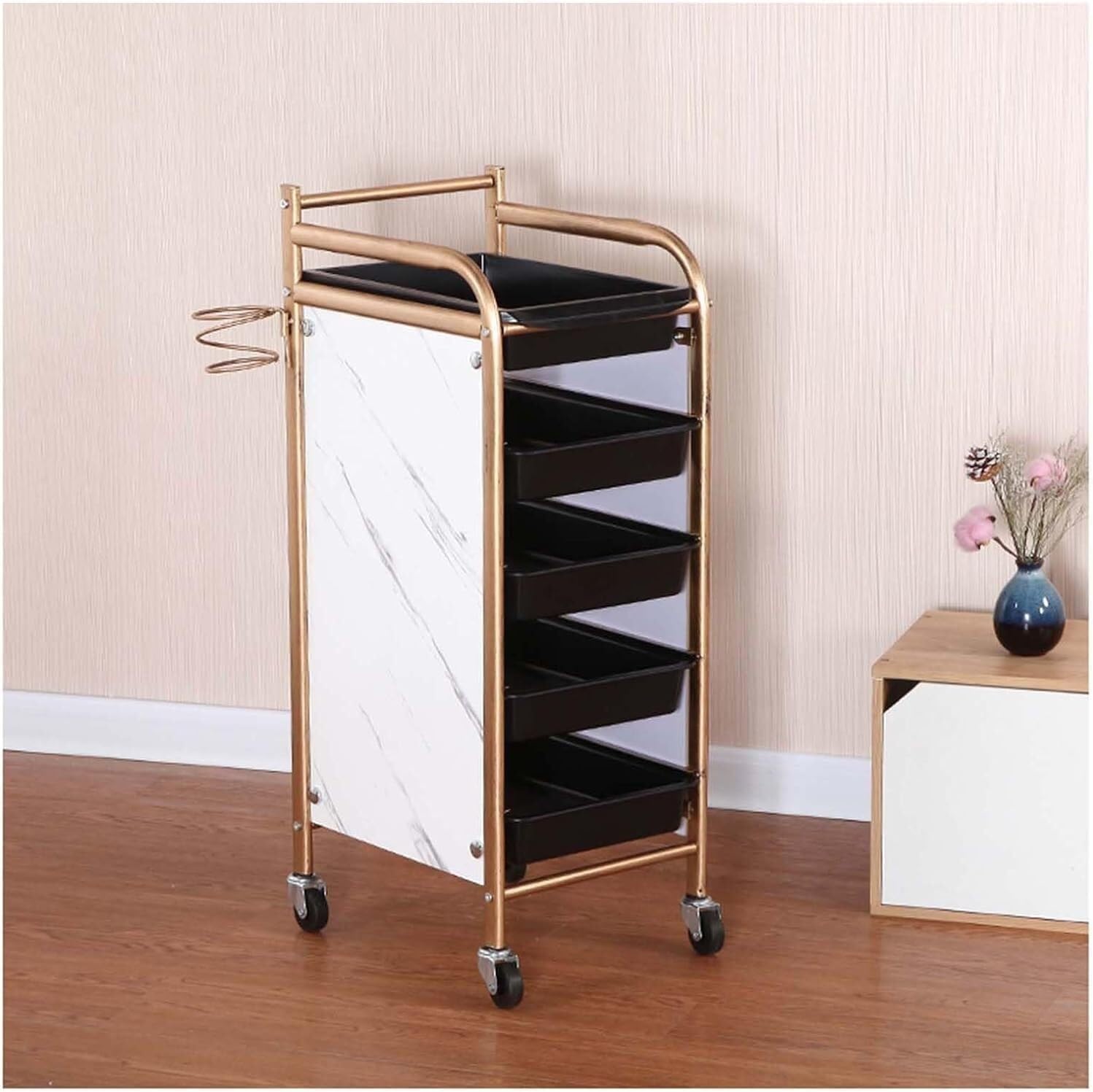 SSDDLZEQ Mobile Salon Station, Salon Rolling Cart 5 Tier Salon Trolley Steel Salon Cart Blow Dryer Rack Trolley Cart With Wheels Barber Storage Cart(A)
