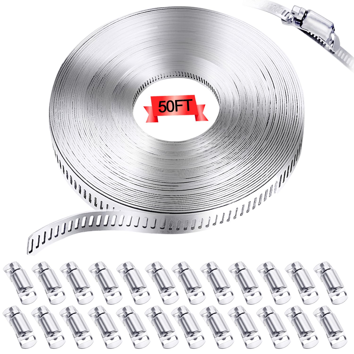 Schlauchklemmen-Sortiment, 304 Edelstahl, DIY, 15 m Metallband + 24 stärkere Verschlüsse, verstellbare Schneckengetriebe-Schlauchschellen, Schraubklemmen für Rohre, Rohr, Kanal und