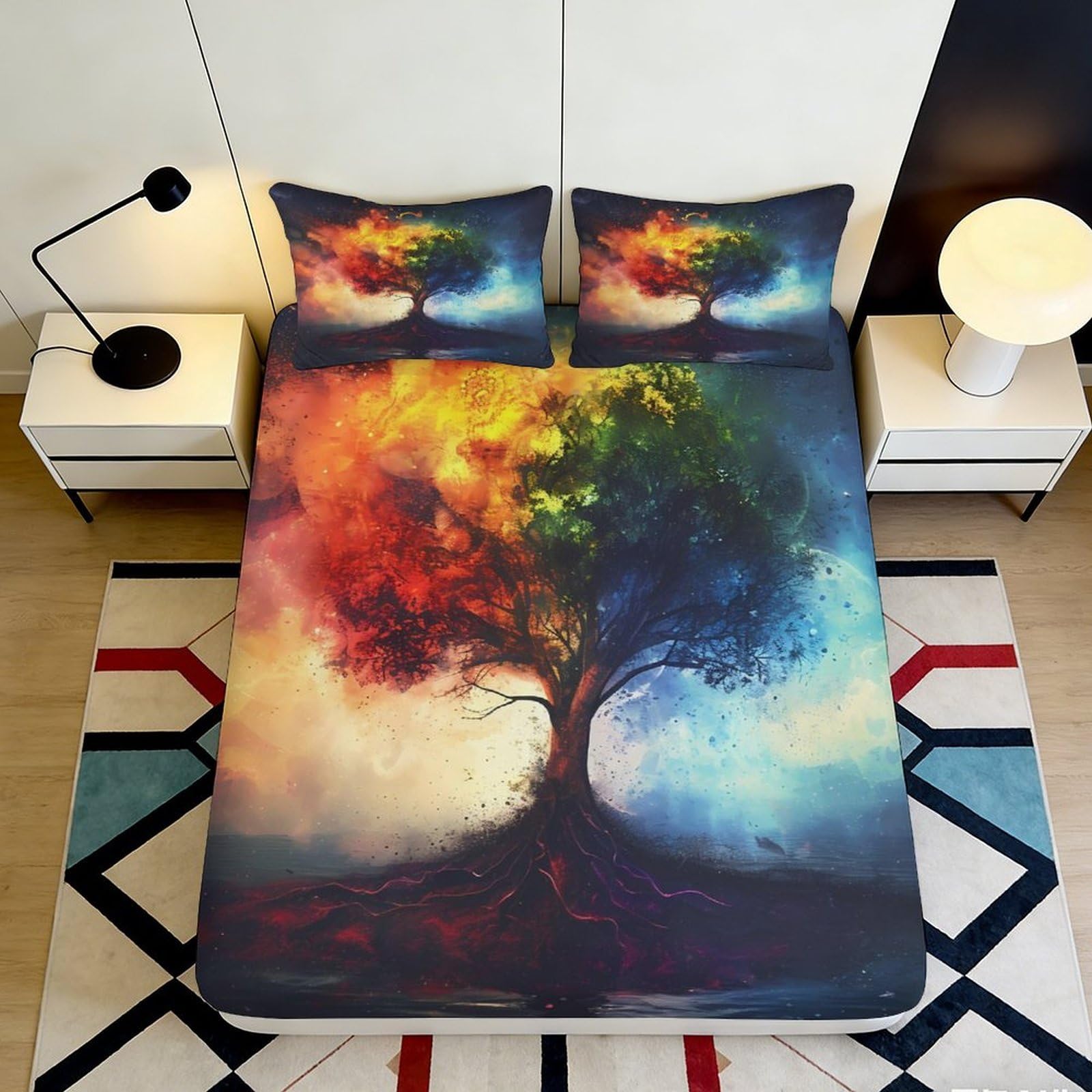 3D Printed Vibrant Tree Fitted Sheet Microfiber Soft Breathable Colorful Abstract Bed Cover for Bedroom Dorm Dormitory Guest Room Mattress Protection 120x200x25cm