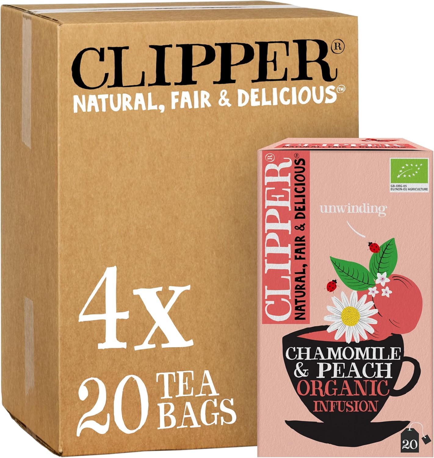 Clipper Organic Chamomile and Peach Infusions Fruit Teabags, 80 Infusions Tea Bags (4x Boxes of 20), Caffeine-Free Herbal Tea, Natural, Unbleached, Plant Based