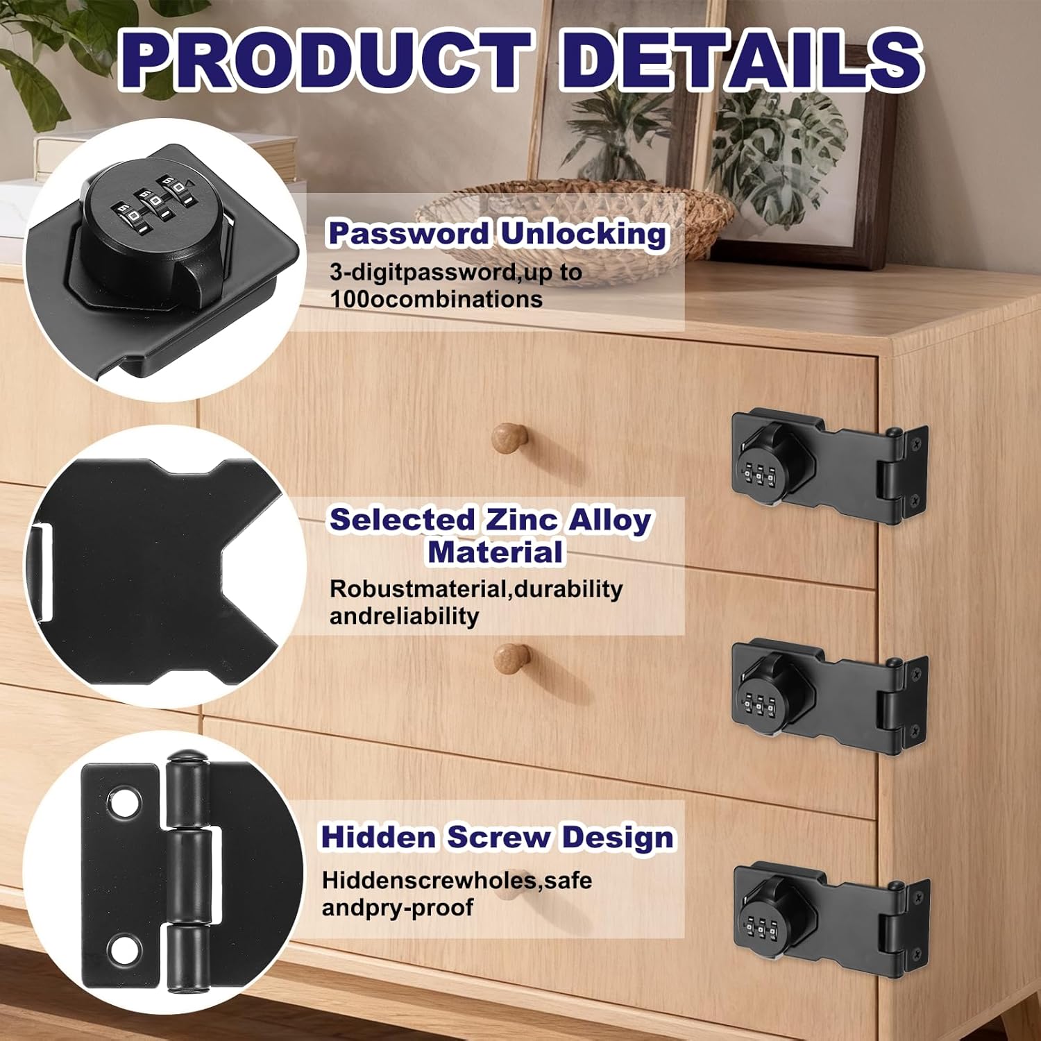 4 Pcs Keyless Cabinet Lock with Combination Code (3.5 Inch) - 3-Digit Password Hasp Latch Lock Mechanical Password Rotary Hasp, for Drawer Closet Cupboard Fence Door, Black