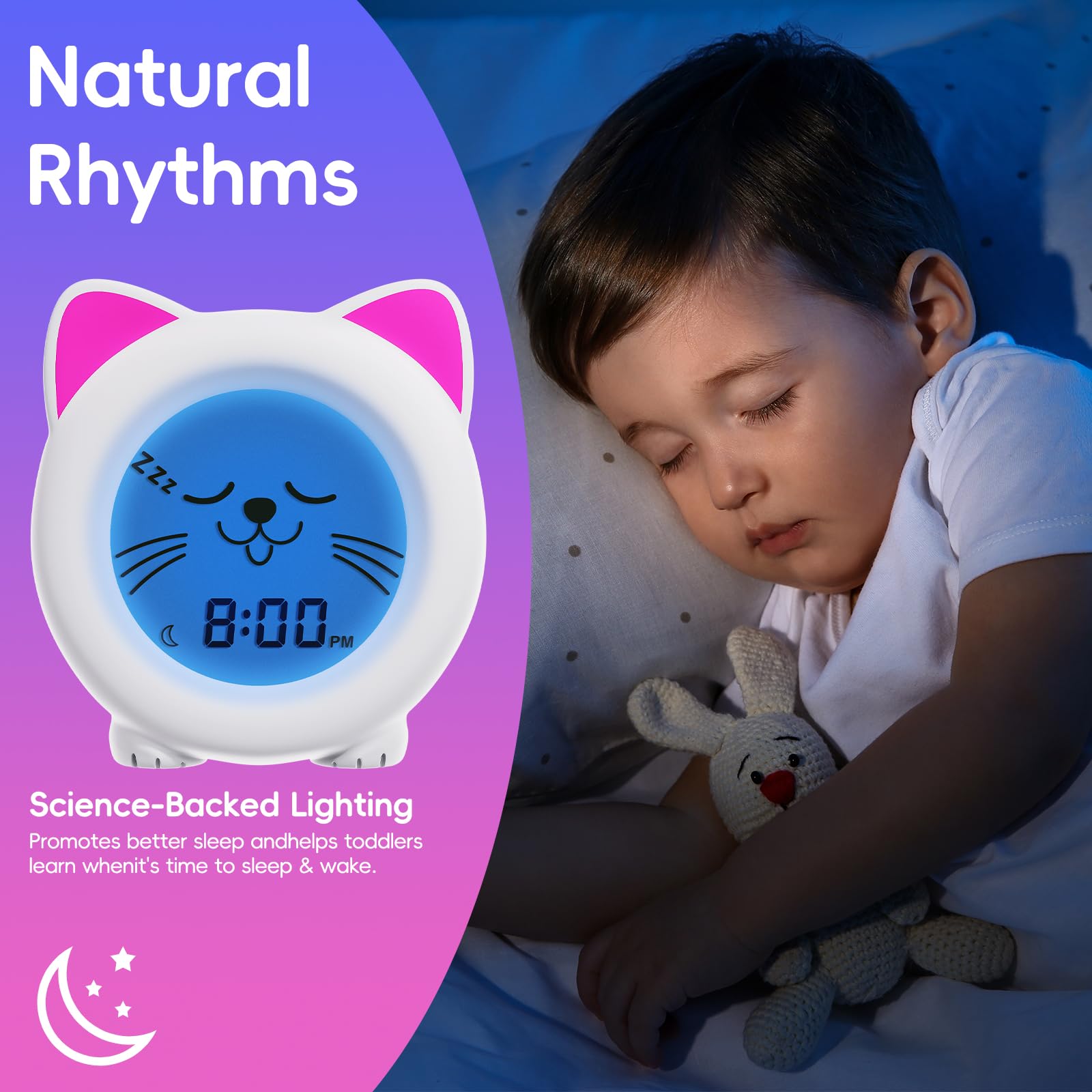 B&H Sleep Trainer Clock for Toddler - Ok to Wake Clock, USB Rechargeable Cat Kids Alarm Clock, Drop Proof, Night Light, Science-Backed Lighting for Peaceful Sleep and Ready to Rise Mornings - Kitty