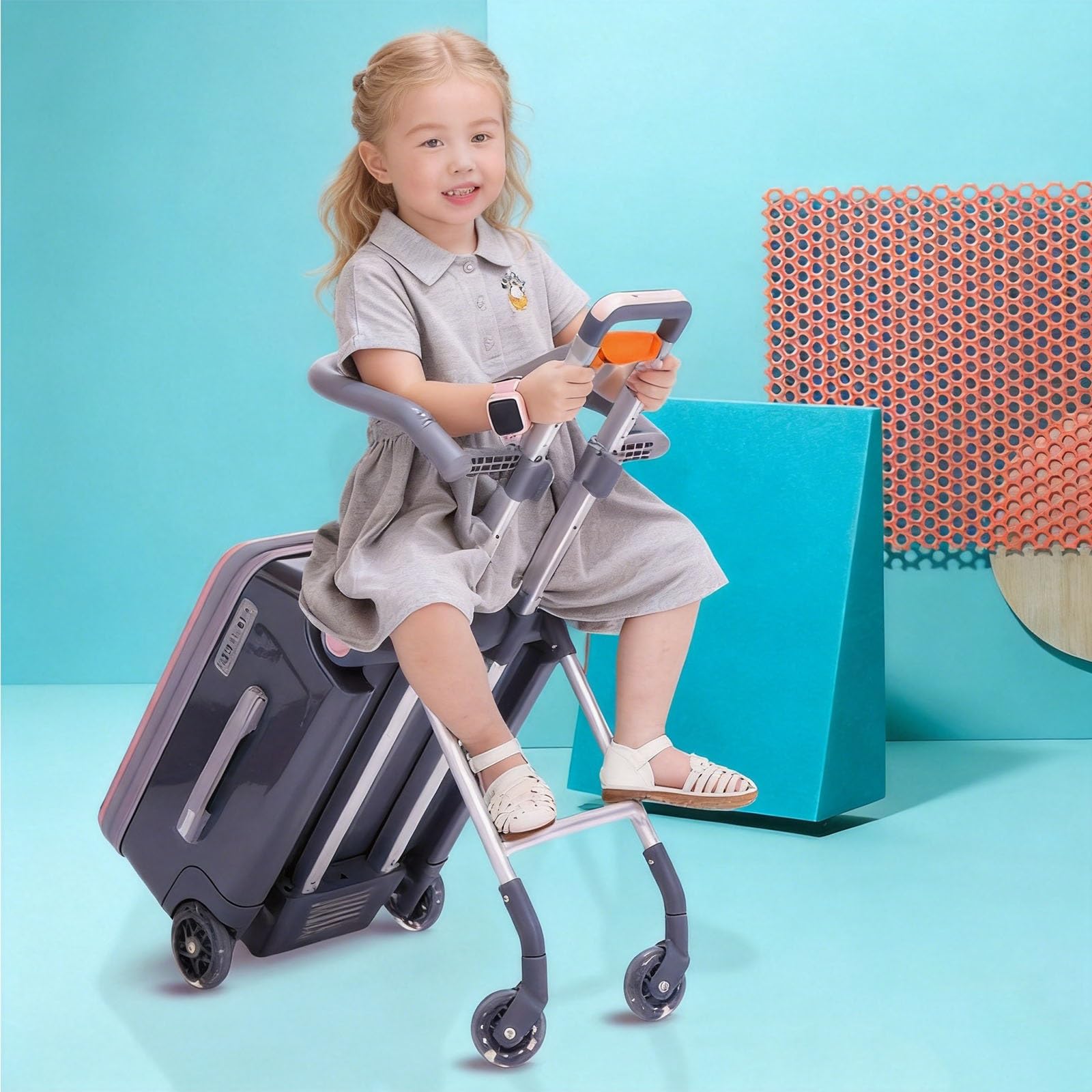 Kinder-Aufsitzkoffer – Rollgepäck mit Kindersitz und Rädern; Trolley für Kleinkinder – Ideal für Schule, Büro, Reisen und Geschäftsreisen(Yellow)