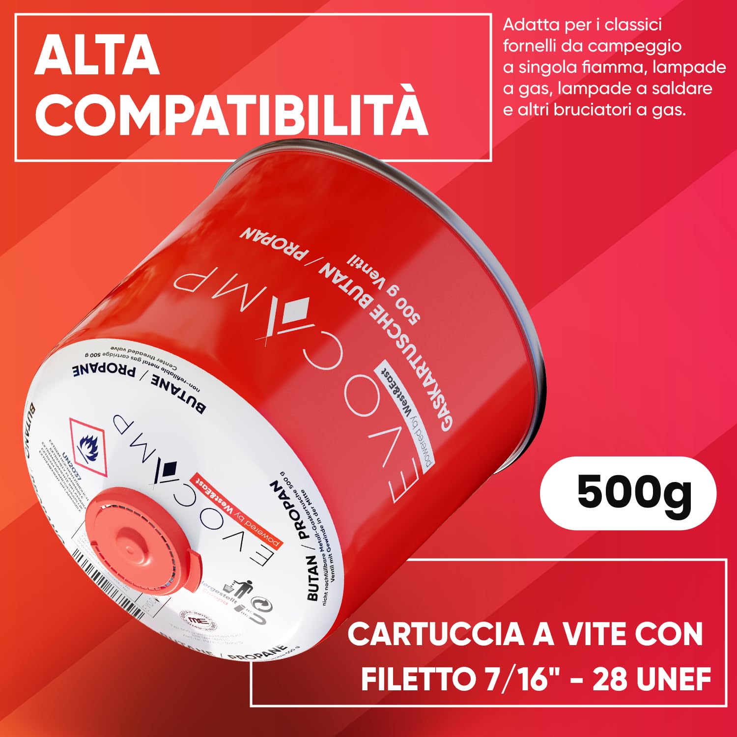 2X Cartucce di gas butano da 500g, cartuccia a vite con gas butano/propano 899 ml, cartuccia di gas conforme alla norma EN 417, cartuccia a valvola con chiusura a vite