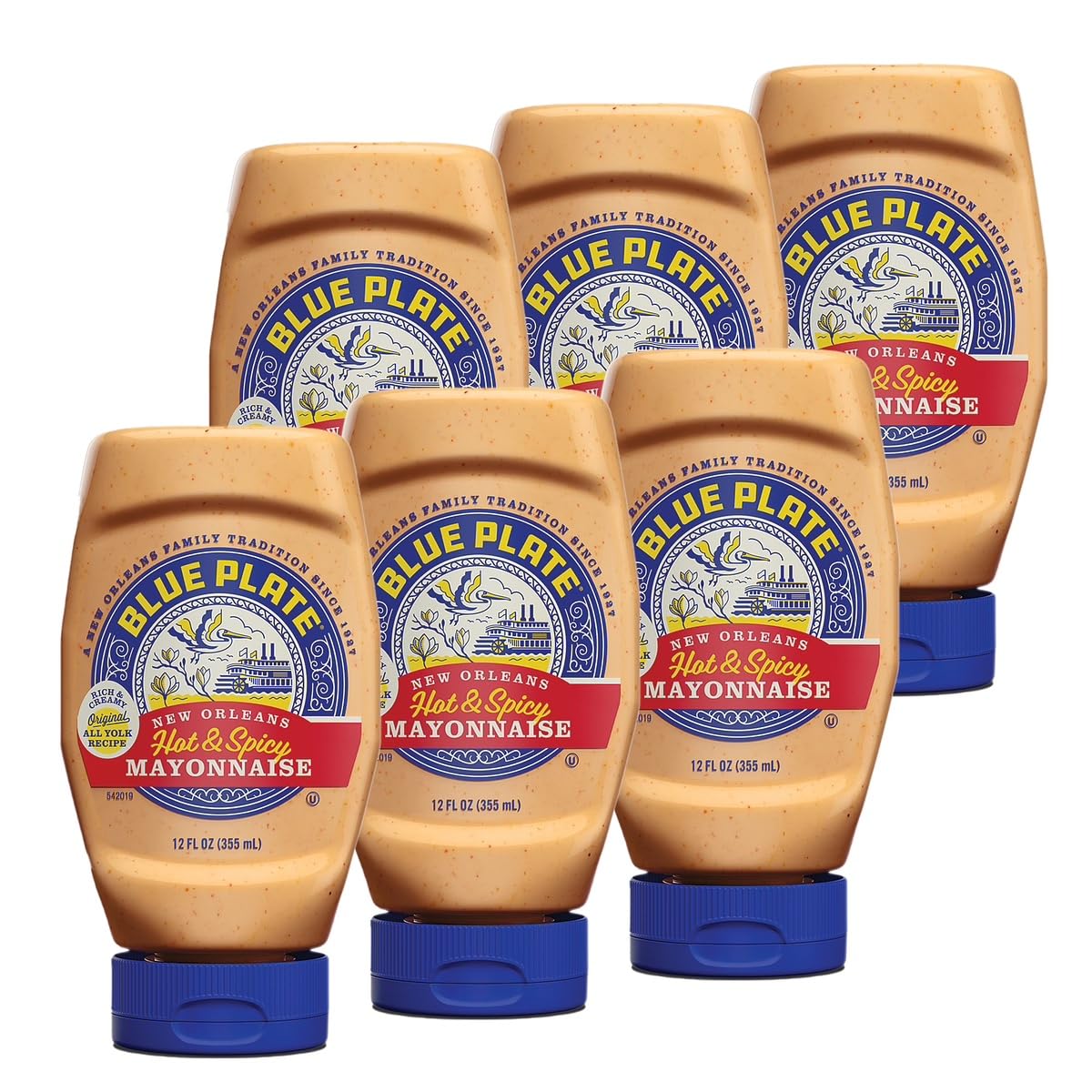 Blue PlateHot & Spicy Mayonnaise, Rich and Creamy Mayo with a Southern Kick – 12 Fl Oz Squeeze Bottle (Pack of 6)