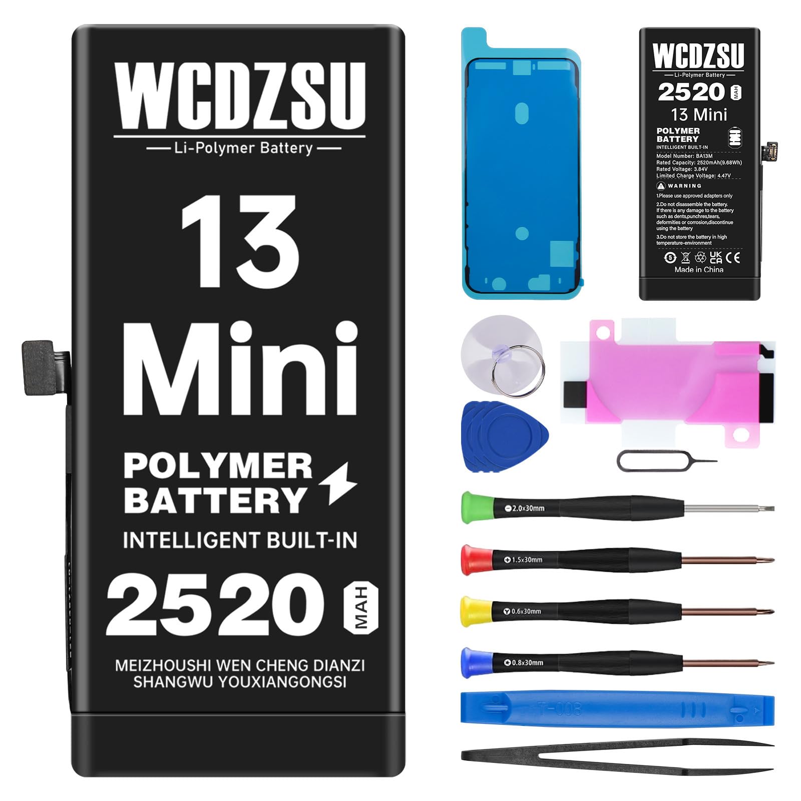 Battery Replacement for iPhone 13 Mini No Pop-up Unknown Part Warning 2520mAh High Capacity 0 Cycle for iPhone 13 Mini with Full Tool Kit Model A2481 A2626 A2629 A2630 A2628
