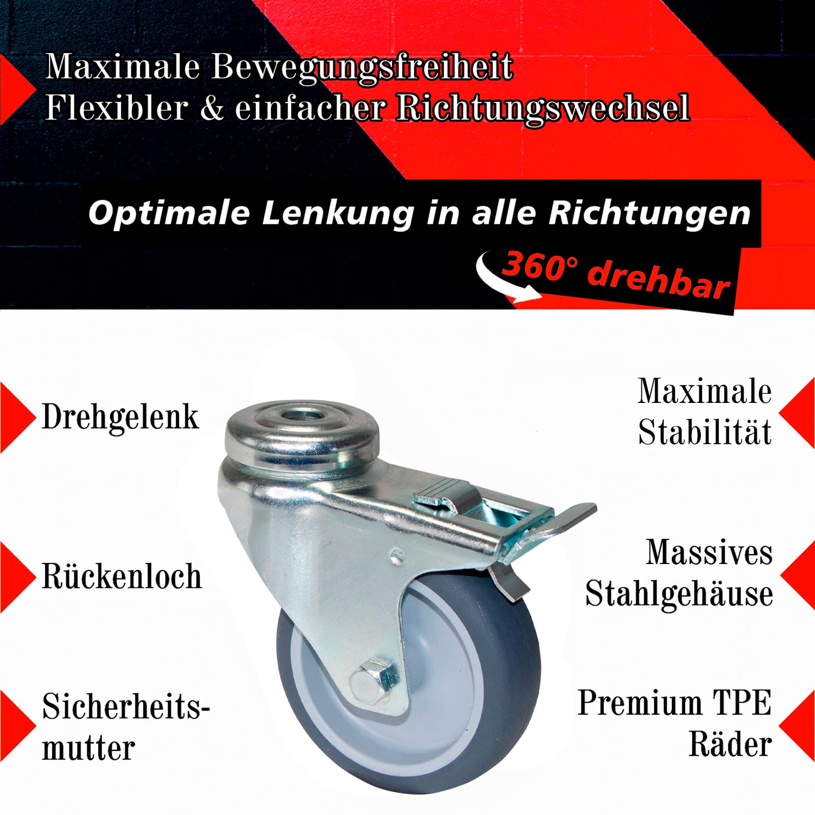 PRIOstahl Möbelrollen mit Rückenloch 75mm Set mit Bremse - Lenkrollen bis 240kg Schwerlastrollen - Spurlos Abrollende Laufrollen Rollen für Möbel Arbeitstisch Werkstatt Räder Rollbrett Transportroller