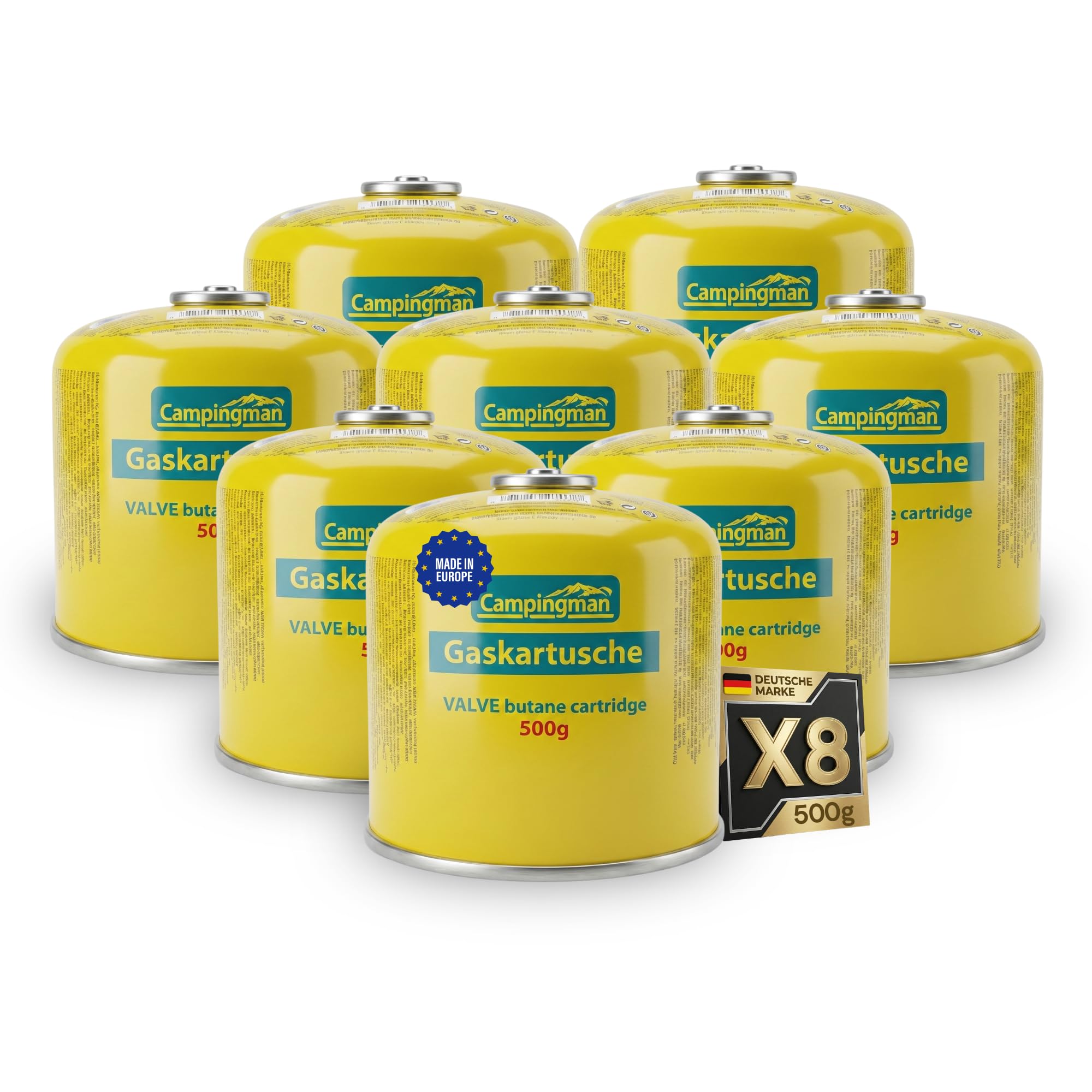 Campingman 8 x 500g Gaskartusche mit Schraubventil EN 417 – Universal Schraubkartusche gaskartusche mit Gewinde – Butangas Kartusche für Campingkocher, Gaskocher, Weber Grill & Camping