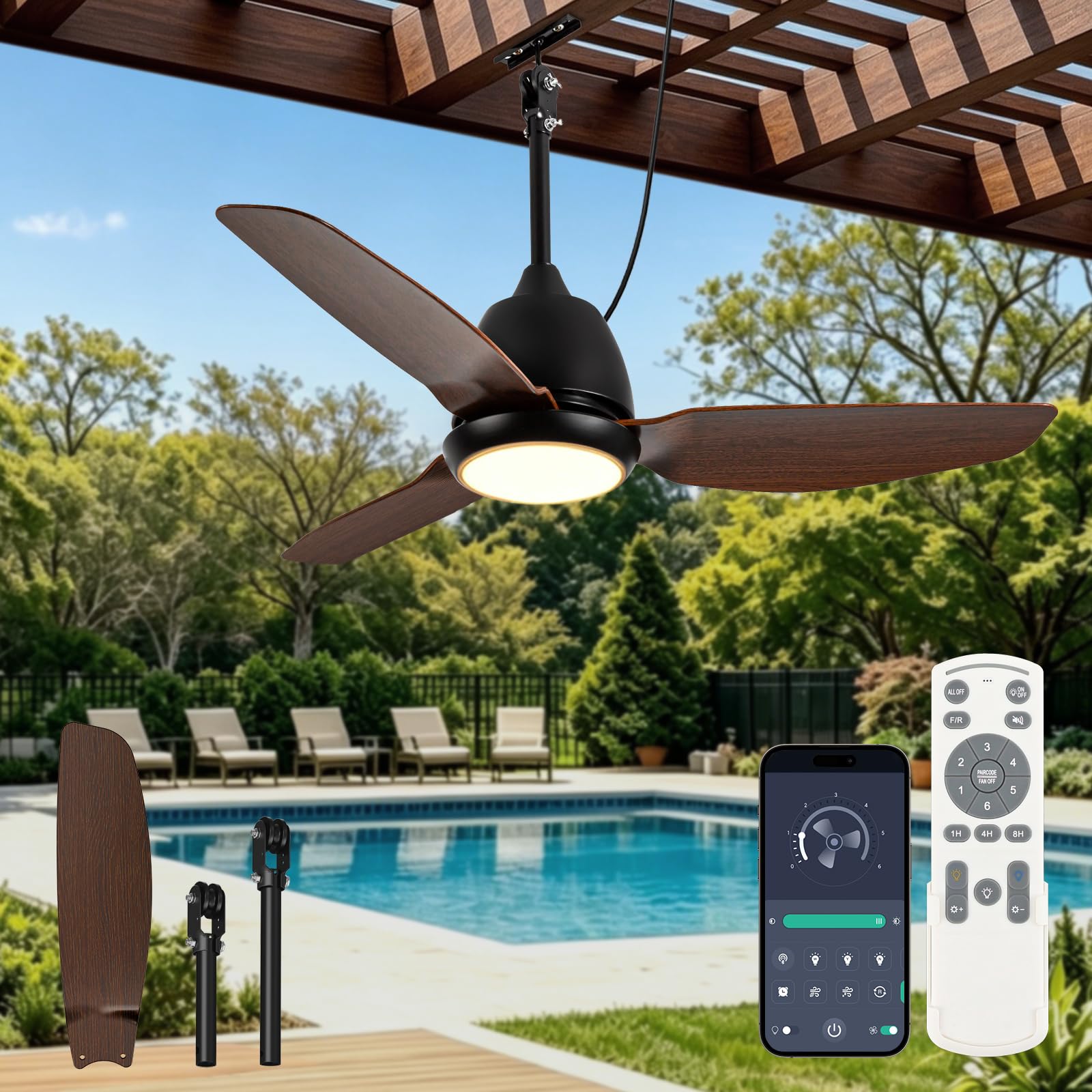 Photo 1 of VOLISUN Outdoor Ceiling Fans with Light for Patios, 42in Weatherproof Plug in Ceiling Fan, 3CCT Dimmable Gazebo Ceiling Fan Remote&APP Control, Brown Caged Ceiling Fan for Porch, Pergola,Canopy