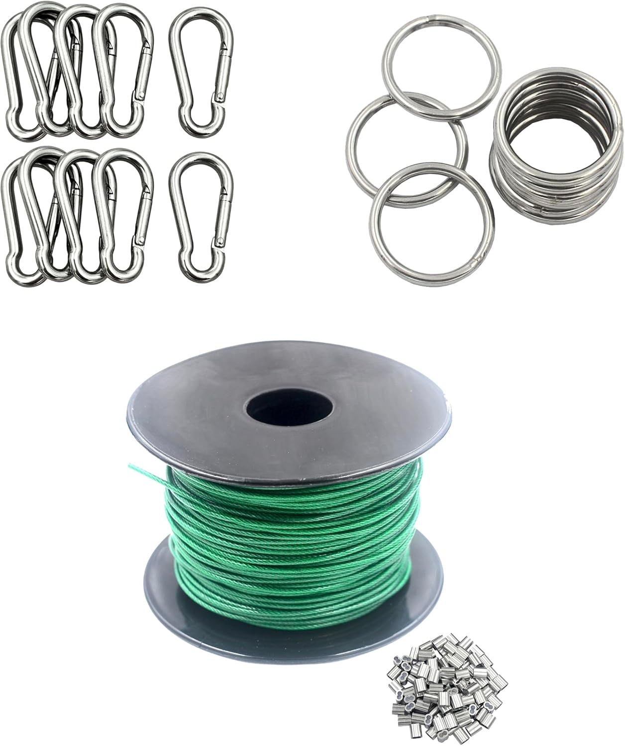 DGOL 200ft 1/16 inch Green Coated Wire + 20 pcs 1-1/2 Long Spring Snap Hooks + 24 pcs 1-1/2 O Ring All Made of 304 Stainless Steel