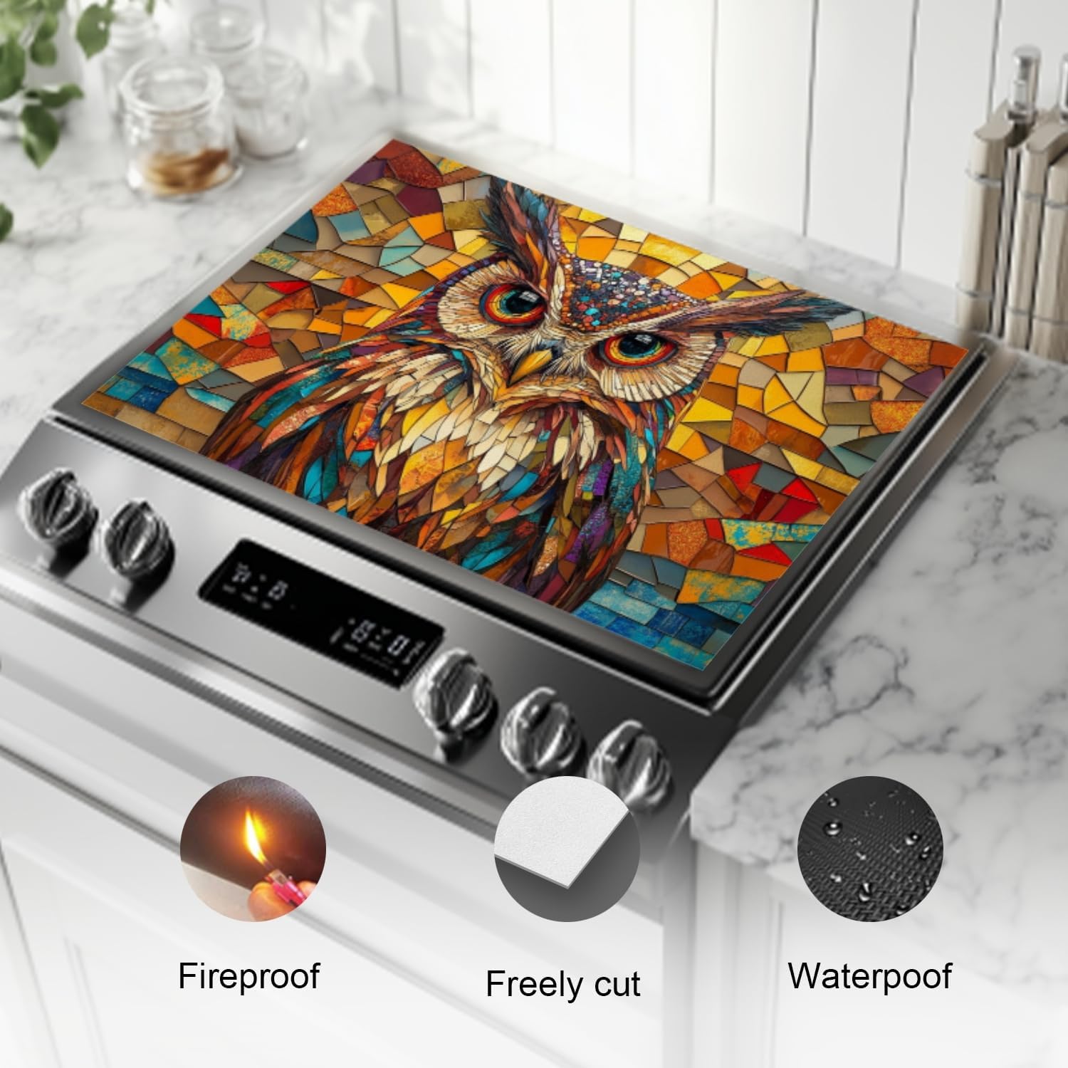 Stove Top Covers For Electric Stove,Owl In A Mosaic Of Bright Colors Stove Mat For Glass Cooktop Protector,Extra Large Oven Range Top Cover 28X20In